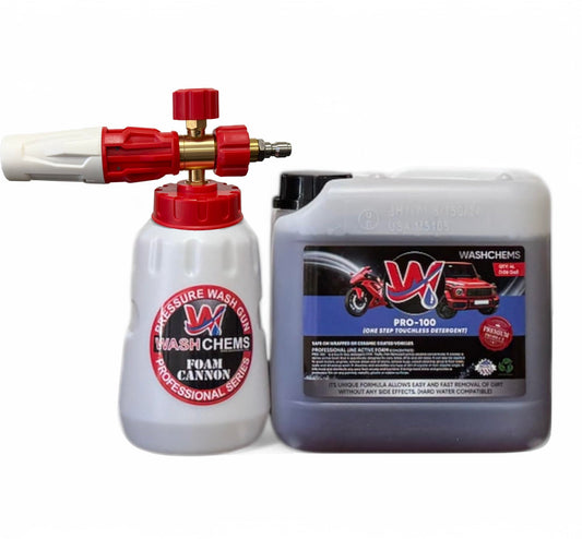 Wash Chems PRO-100 Touchless Car Wash Detergent Soap with Foam Cannon Combo (1 Gallon, 128 oz.) No Brushing - Heavy-Duty Commercial Grade Professional Auto Cleaner - Great for Trucks & Tractors