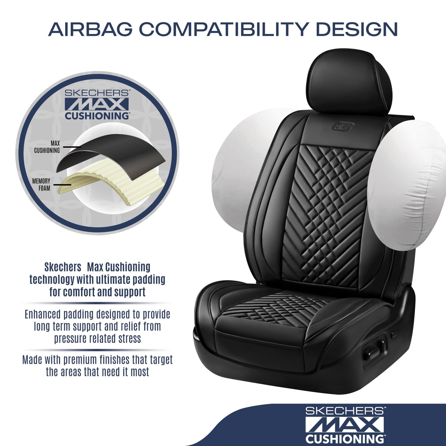 Skechers Car Seat Covers,MAX Cushioning Memory Foam Piping Leather Seat Covers,Waterproof Car Seat Protector Full Set,Car Seat Cushion Airbag Universal Fit for Most Cars,Vans,Trucks,SUV,Black