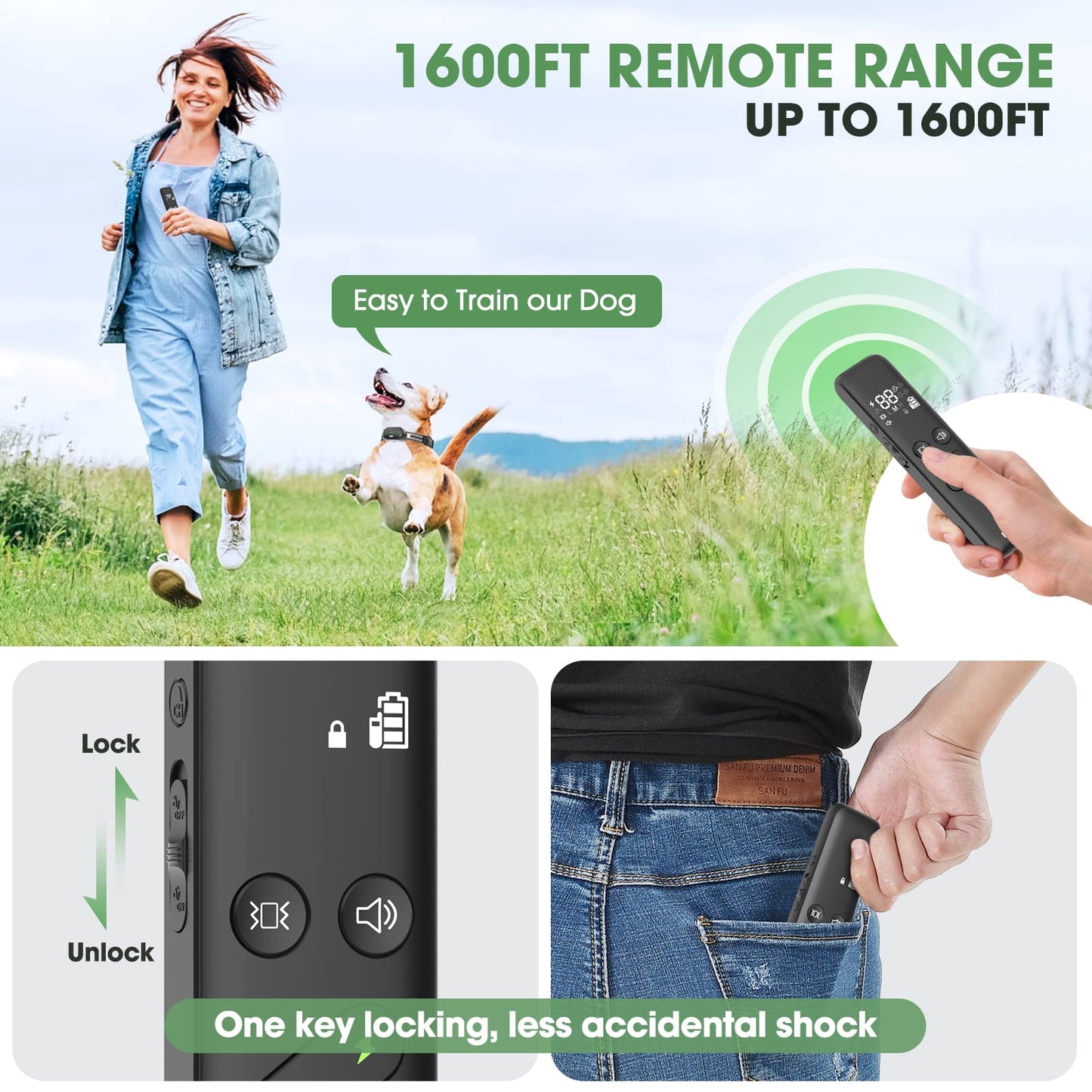 Dog Shock Collar - Electric Dog Training Collar with Remote 1600FT, Rechargeable E-Collar Waterproof Collars with 3 Training Modes, Security Lock for All Breeds, Sizes