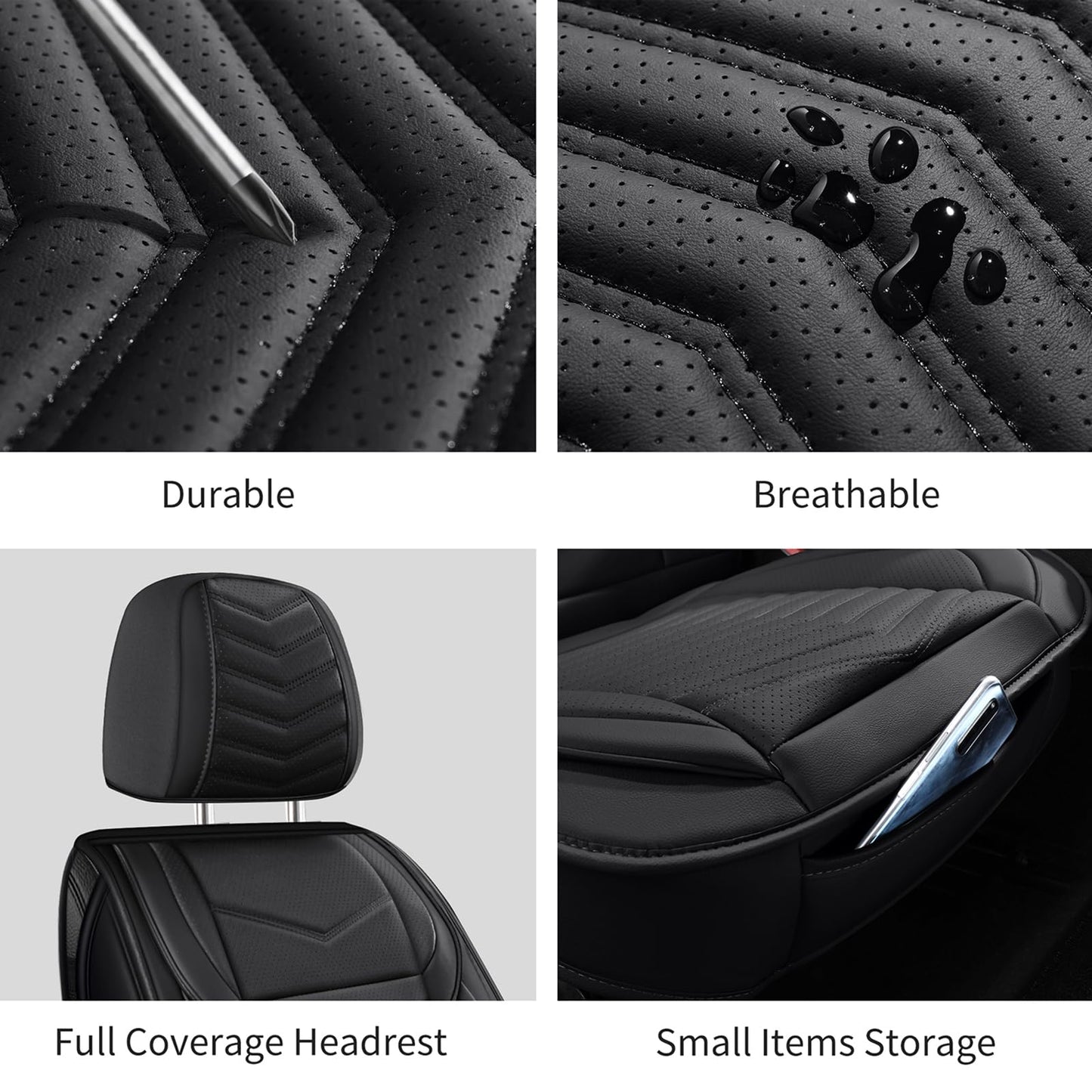 HChengkikz Car Seat Covers,Breathable and Waterproof Faux Leather Automotive Seat Covers for Cars,Anti-Slip Driver Seat Cover Universal Fit SUV Truck Pick-up Sedan(Style1,5 PCS Full Set,Black)