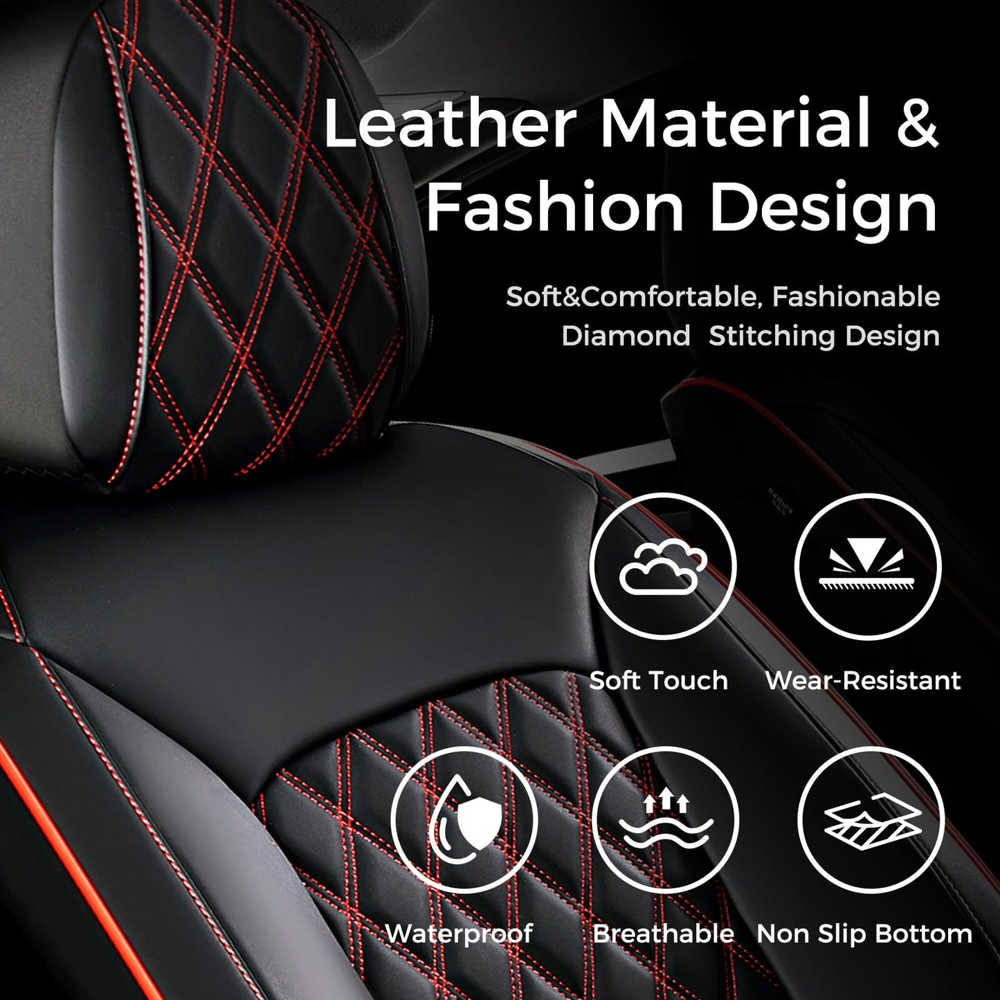 Huidasource Seat Covers for Car, Full-Cover Nappa Leather Car Seat Covers Full Set Waterproof, Black Car Seat Cover Front ＆ Back Seat Fit for Most Cars, Vans, Trucks, SUVs (Full Set/Black&Red)