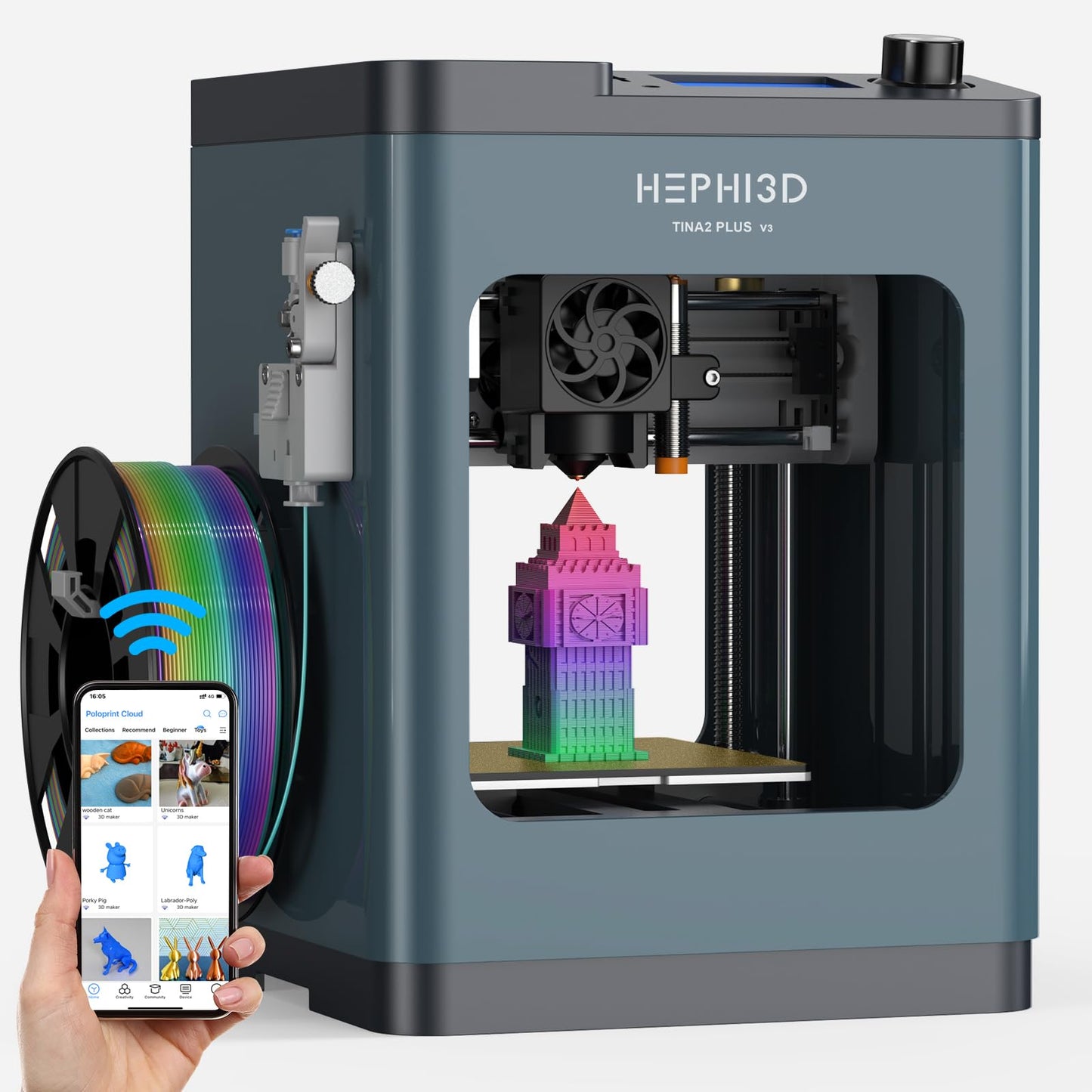 TINA2Plus 3D Printer, HEPHI3D 250mm/s High Speed FDM 3D Printers Fully Open Source, Auto Leveling Mini 3D Printer with WiFi Cloud Print, Fully Assembly 3D Printers for Beginners, Office, Home, School