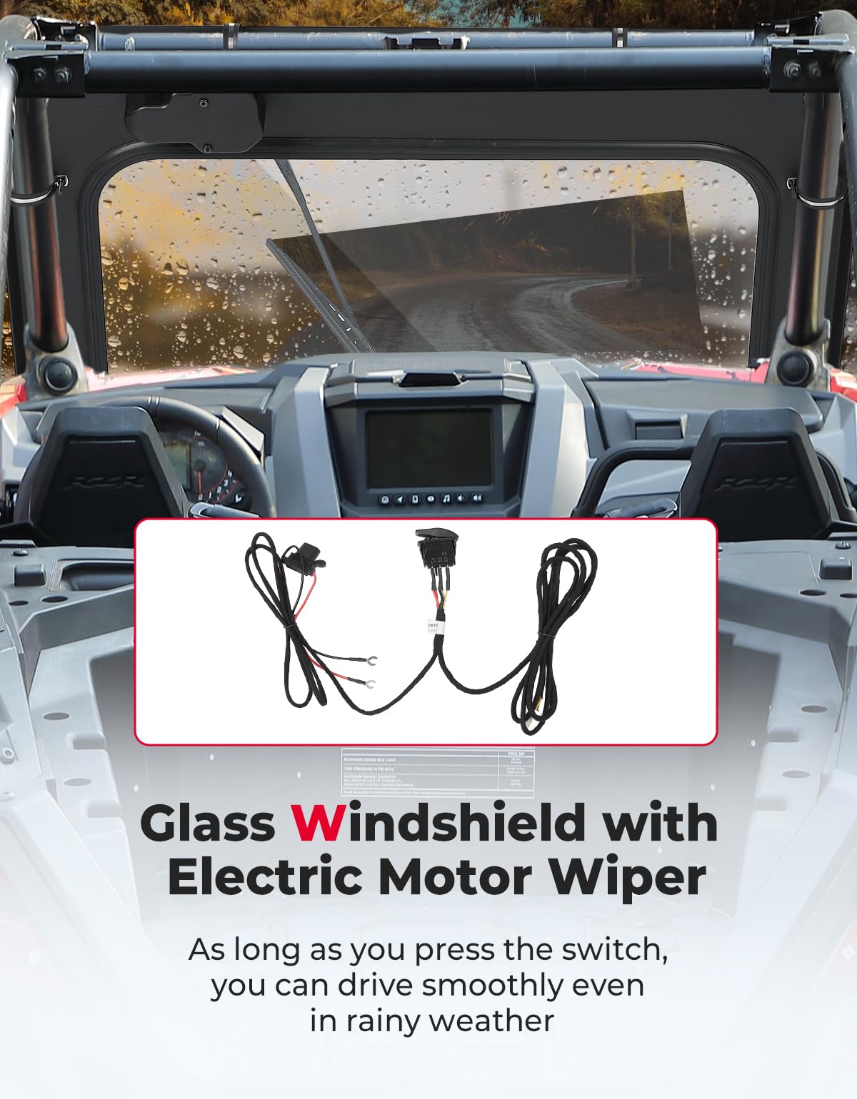KEMIMOTO PRO XP Electric Wiper Windshield Travel on Rainy Day Compatible with Polaris RZR PRO XP/RZR Turbo R 2020-2024, Scratch Resistant Heavy Duty Front Full Glass Window Automatic Mode