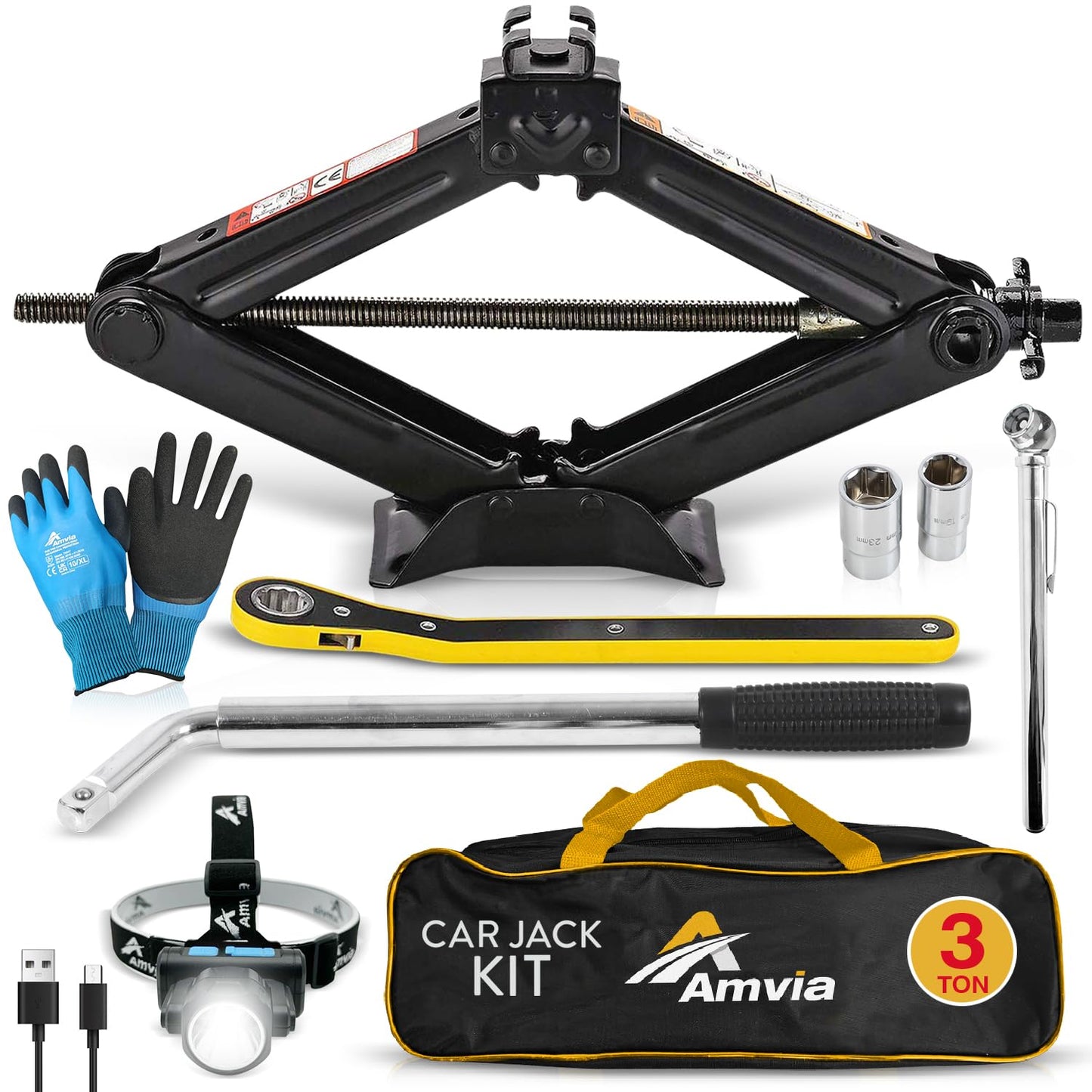Car Jack Kit | Scissor Jack for Car 3 Ton (6,600 lbs) - Tire Jack Tool Kit | Portable, Ideal for SUV and Auto - Universal Kit with Lug Wrench | Heavy Duty Material