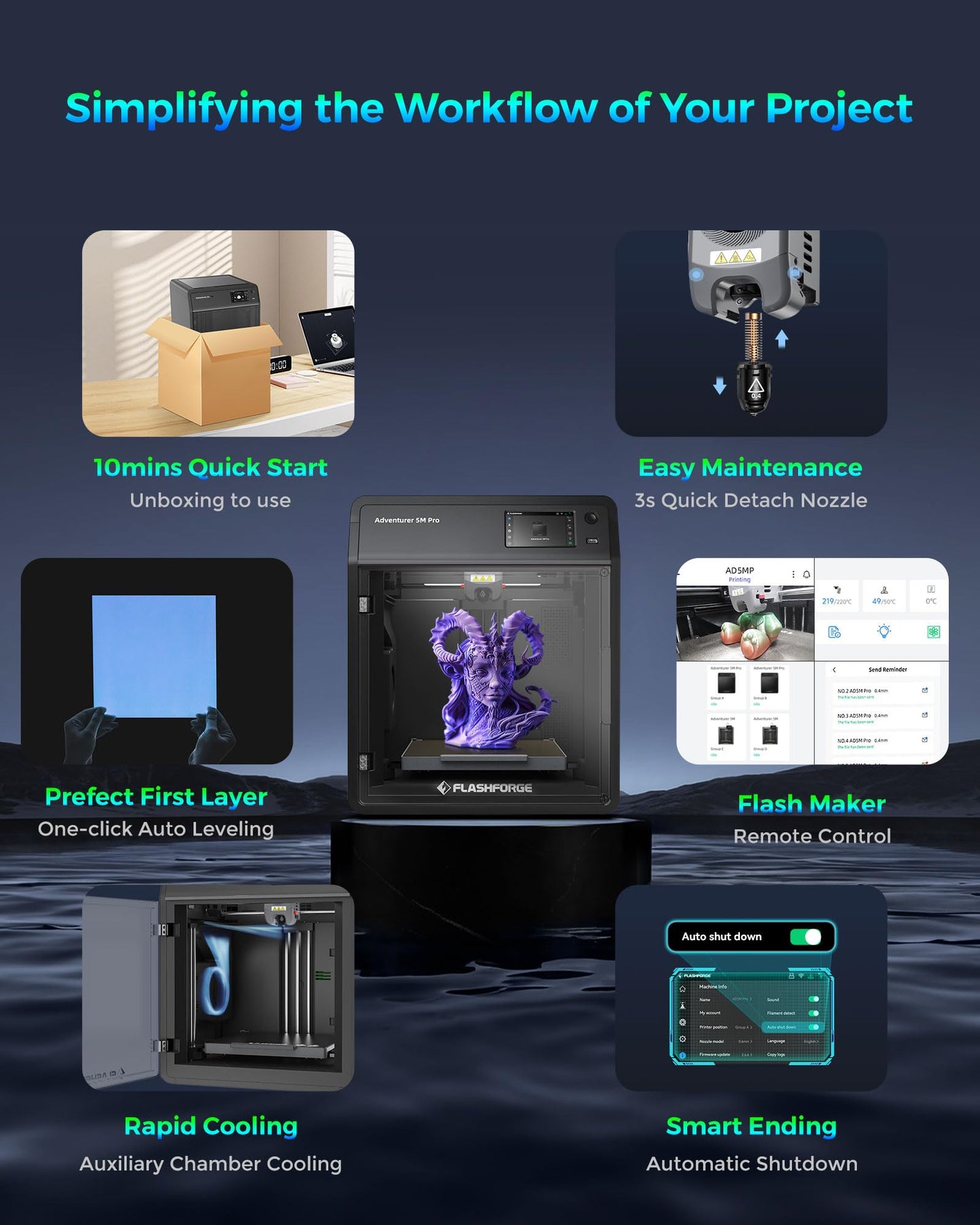 FLASHFORGE Adventurer 5M Pro 3D Printer, 600mm/s Max High-Speed 3D Printers with Auto Leveling, Dual Filtration System, Remote Monitoring, Quick Detachable Nozzle,Effective Cooling, Automatic Shutdown