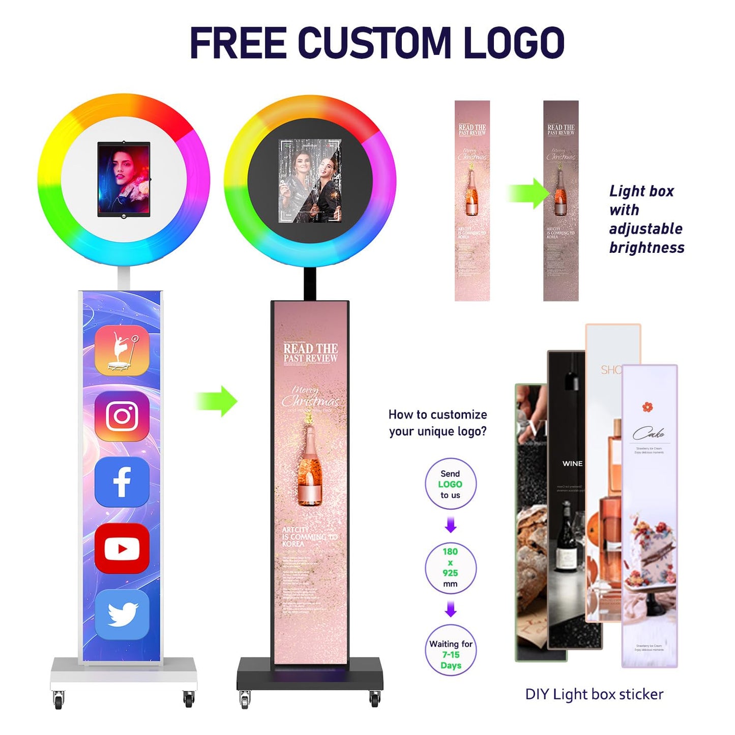 MWE Portable Photo Booth Machine Stand Compatible with Any Ipad with Software APP and Remote Control, RGB Ring Lights Music Sync, Free Custom Logo,ChackTok VIP (White, Light Box-Honeycomb Case)