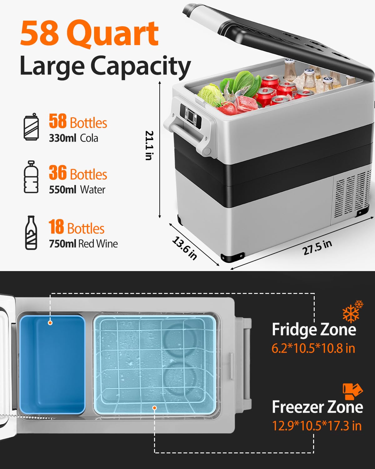 Feelfunn Car Fridge Portable 12 Volt Refrigerator - 58 Quart(55L) Electric Cooler with AC/DC for Truck RV Van Camper, Car Refrigerator Freezer for Camping Boat Travel, APP Control, -4~68°F