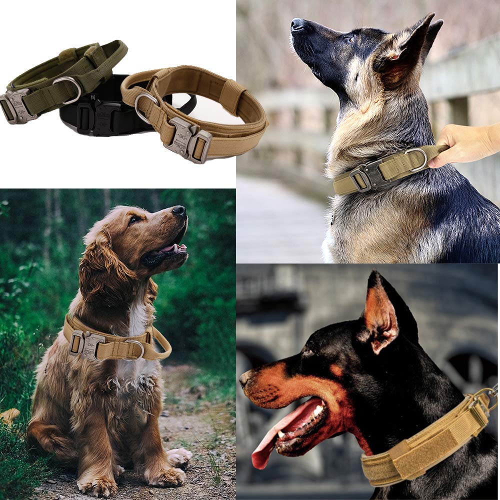 Xqpetlihai Tactical Dog Collar Adjustable Military Nylon Dog Collar with Control Handle and Heavy Duty Metal Buckle for Medium and Large Dogs (Brown,L)