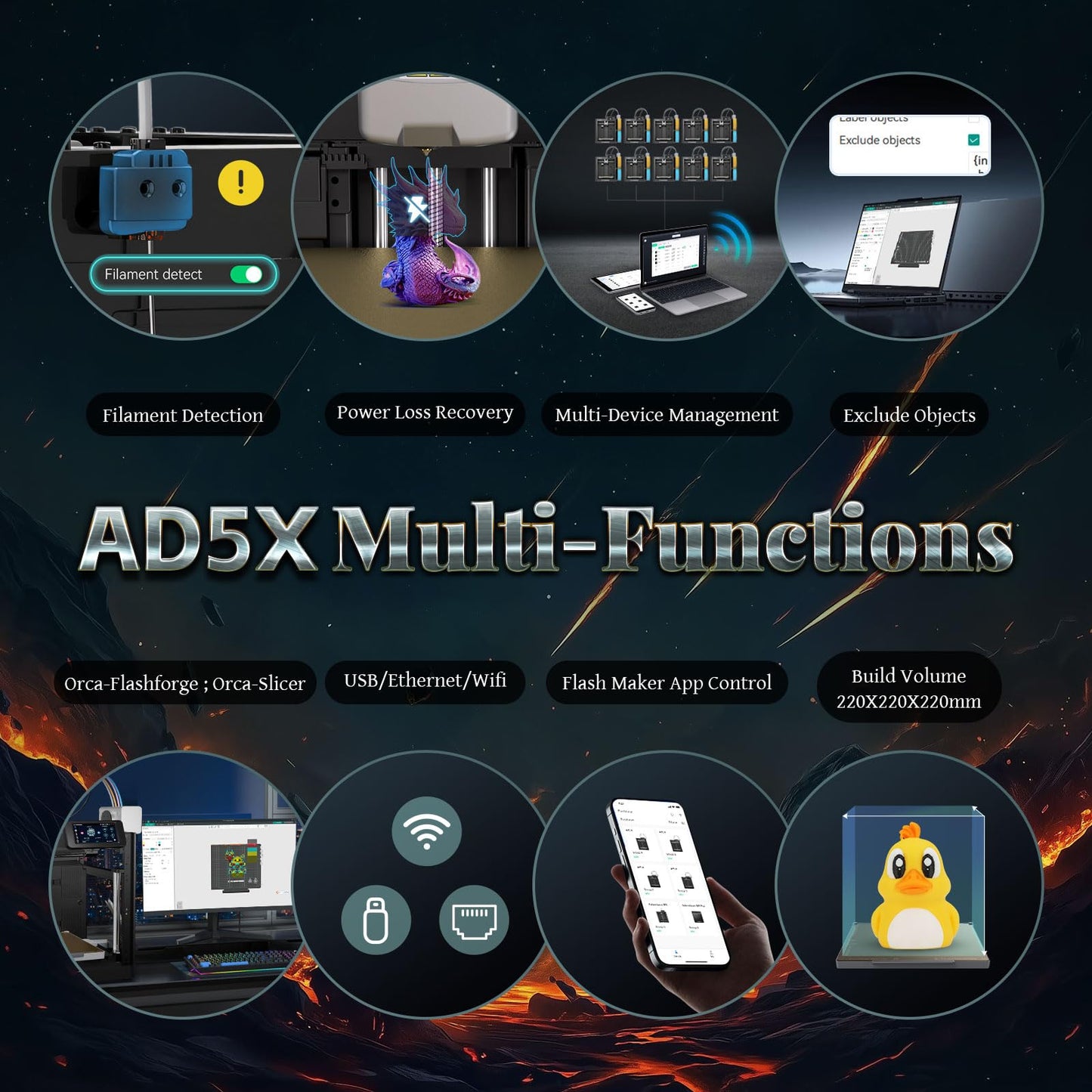 FLASHFORGE AD5X 3D Printer,Multi-Color 3D Printing,Max 600mm/s High Speed,Fully Auto Leveling,Large Flow High Temp Direct Extruder,Print Smooth & Precision,220x220x220mm Build Volume