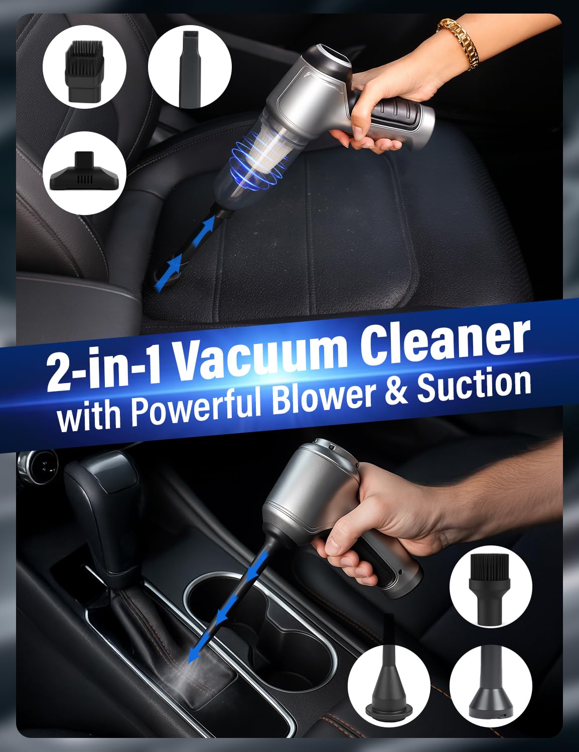 EcoNour 3-in-1 Cordless Handheld Car Vacuum Cleaner – 120W Power, 12,000Pa High Suction, Dual Rechargeable Batteries – Portable Dust Buster for Car, Home & Pet Hair