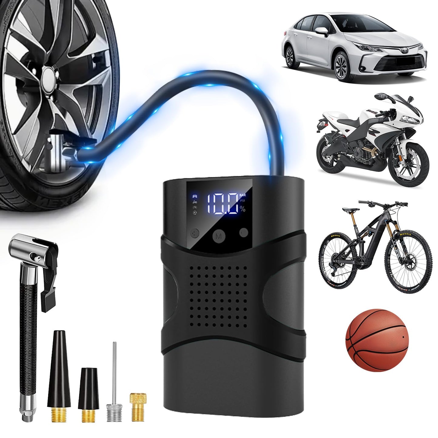 Tire Inflator Portable Air Compressor Cordless, 150PSI 6.5x Faster Portable Tire Inflator,Car Tires Air Pump with LED Lights&Digital Pressure Gauge,Auto Shut-off Smart Air Pump Suitable SUV,Truck,Bike
