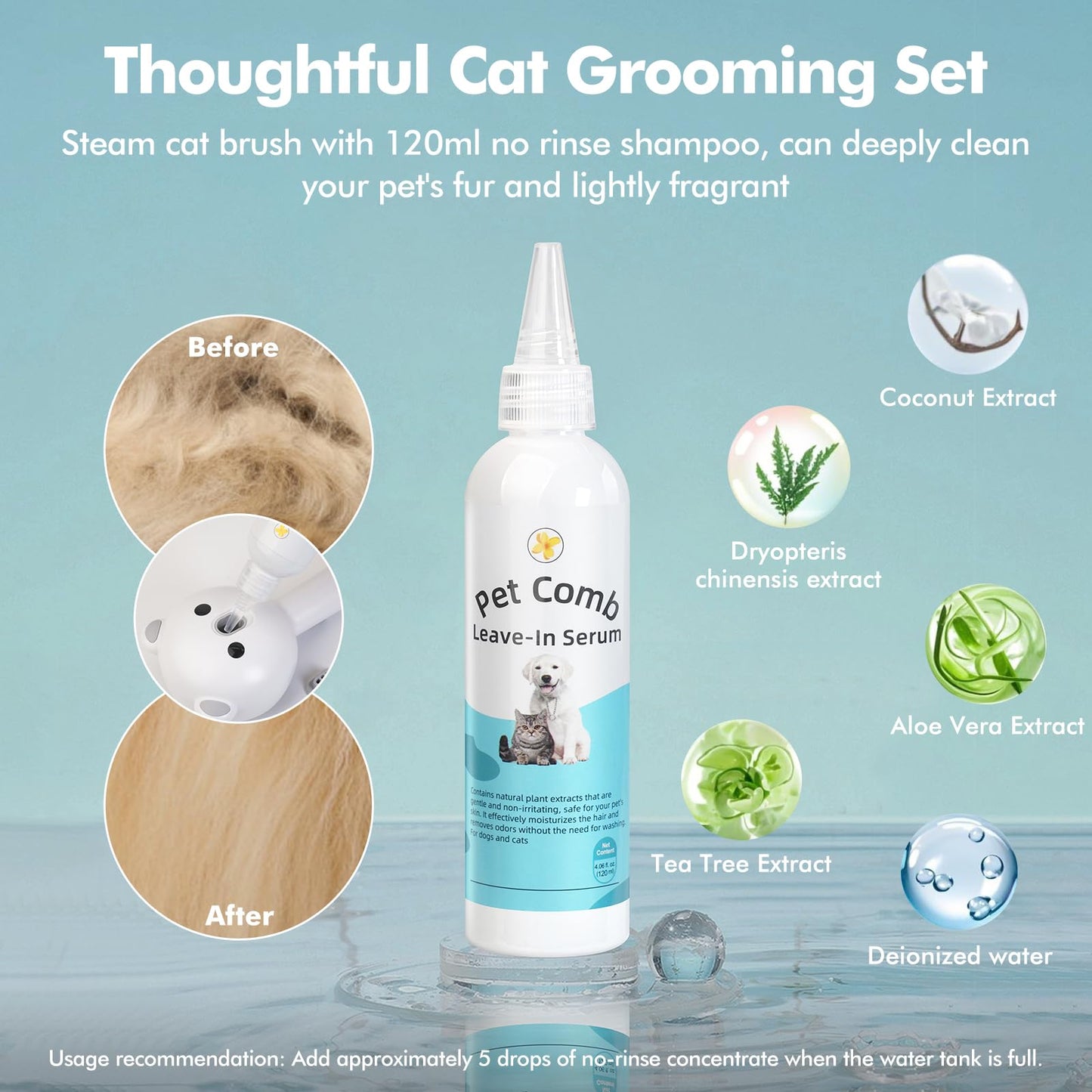 4 in 1 Pet Steam Brush for Cat & Dog, Cat Steam Brush for indoor Cats, Self Cleaning Shedding & Grooming Tool with Waterless Shampoo, Pet Spray Hair Removal Comb with Release Button & Water Tank