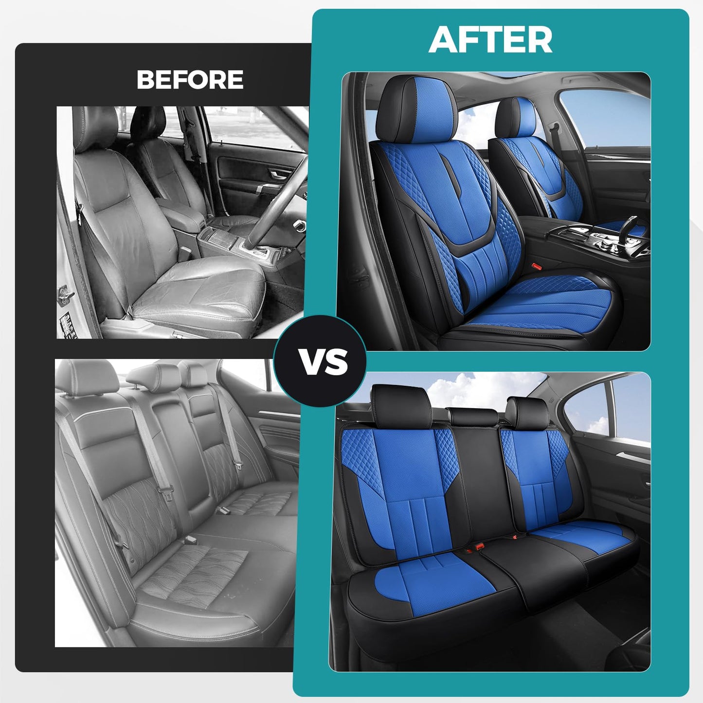 FEINEPRO Car Seat Covers Full Set - Universal Seat Covers for Cars SUV Truck – Faux Leather Automotive Seat Covers, Breathable & Waterproof Front and Rear Seat Protectors, Fit for Most Cars-BlackBlue