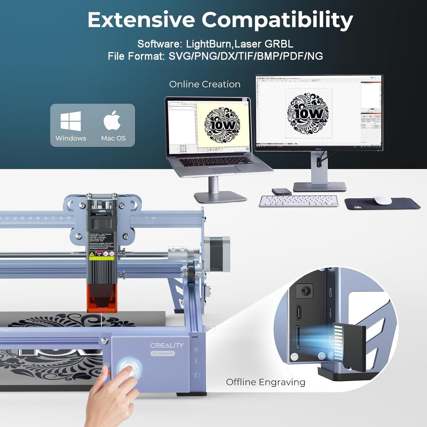 Creality Falcon 10W Laser Engraver Machine, 0.06mm High Precision Laser Engraving Machine 72W Laser Cutter and Engraver Machine for Wood Metal Acrylic Leather, 15.7"×16.3" Workspace