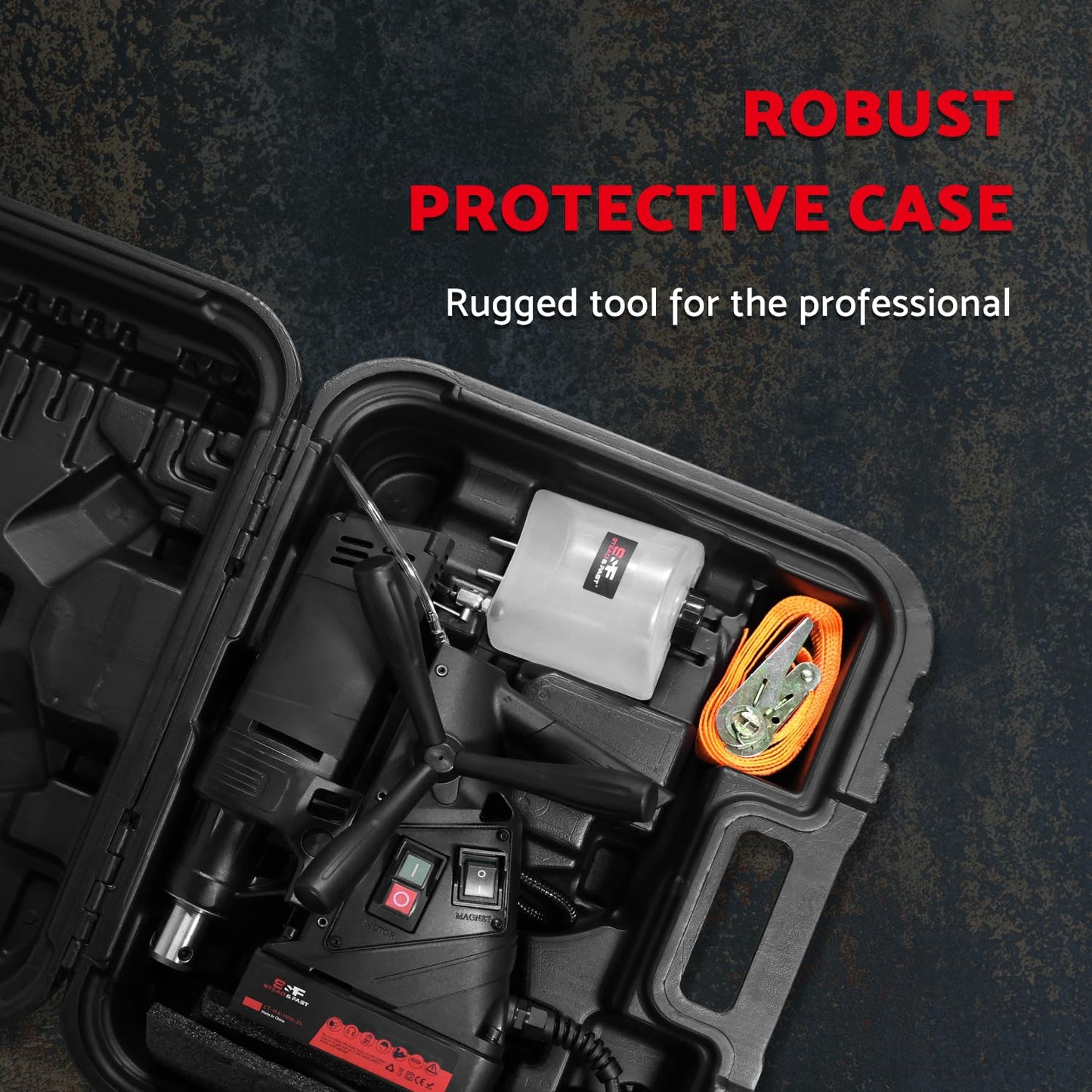 S&F STEAD & FAST Mag Drill Press Kit, 1100W Portable Magnetic Drill, 700 rpm No Load Speed, Max Depth of Cut 2", Max Boring Diameter 1-9/16", Carrying Case