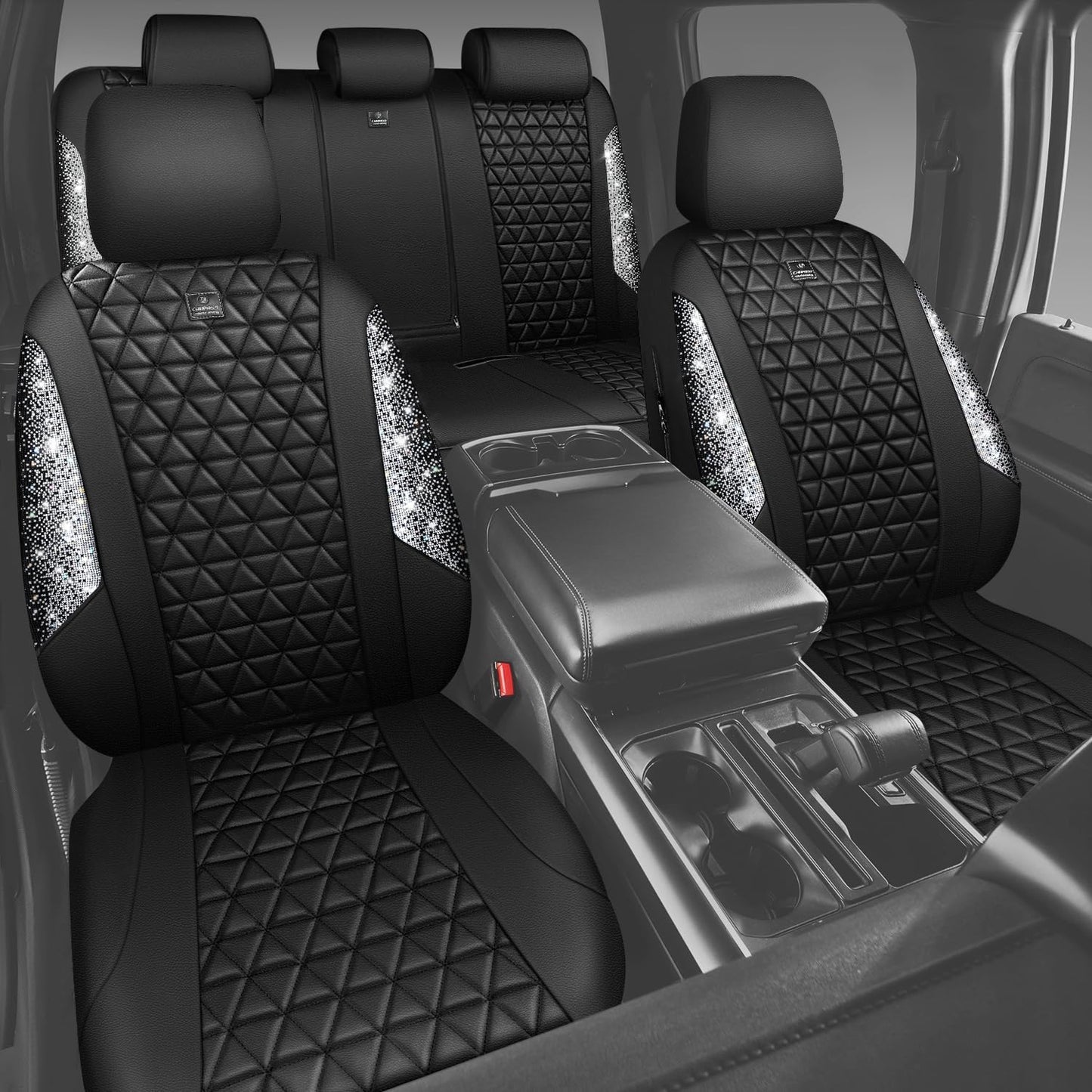 CAR PASS Bling Diamond Leather Car Seat Covers Full Seats Interior Sets, Waterproof Shining Glitter Sparkly Crystal Universal Armrest Fit Automotive Truck SUV Cute Women Girl, Black Silver Rhinestone