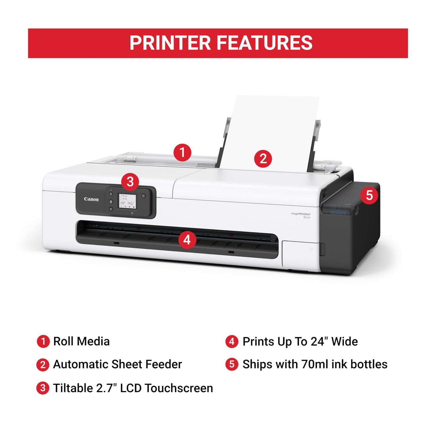 Canon imagePROGRAF TC-21 24" - Large Format Printer, Poster & Plotter Printer, Automatic Roll & Cut Sheet Paper Feeder, Includes 280 ml of Ink, White