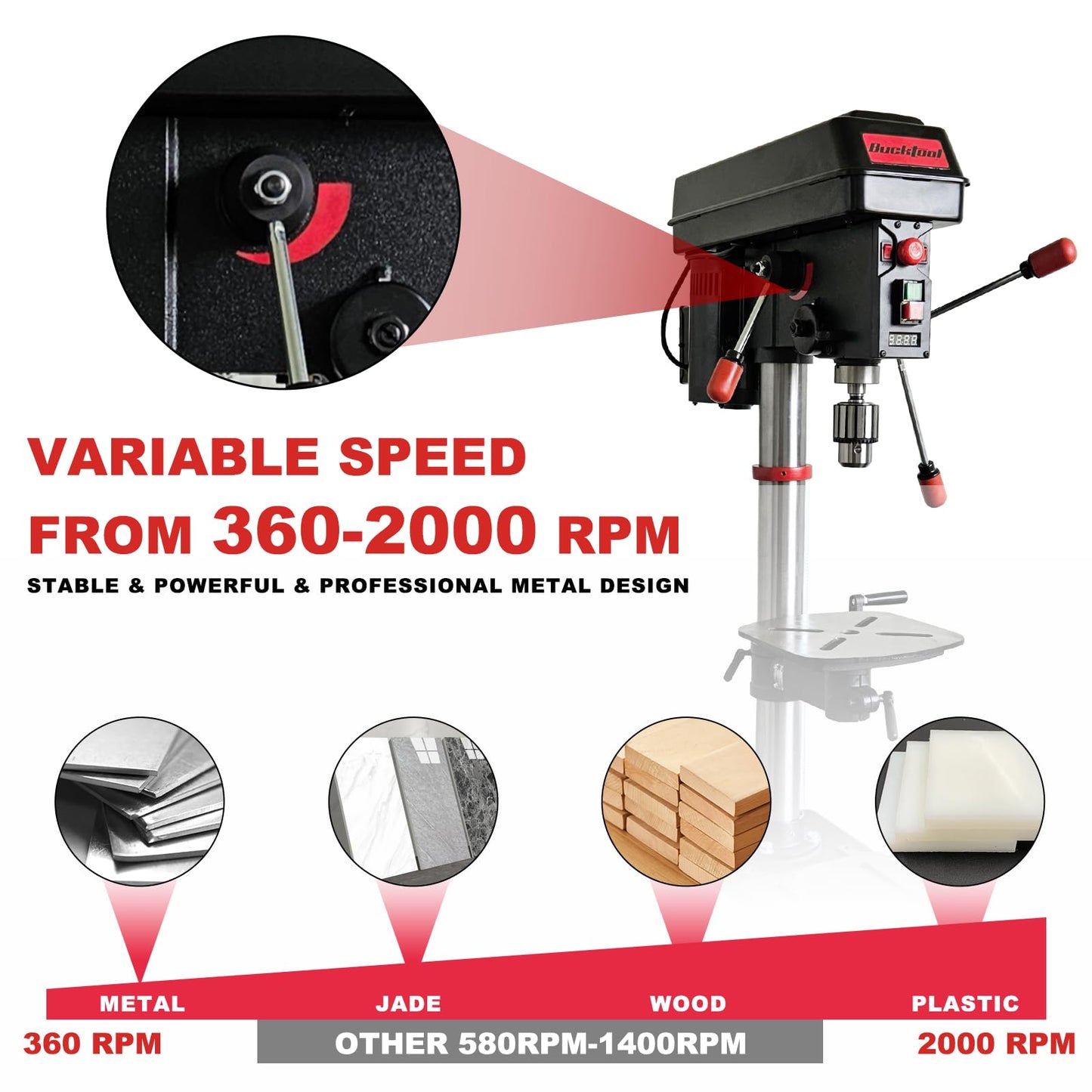 BUCKTOOL 12'' 6 Pole Motor Variable Speed Benchtop Drill Press 360–2000RPM, 3/4HP Powerful Bench Drill Press with Laser and Worklight, Low Speed Tabletop Drilling Machine for Metalworking, Woodworking