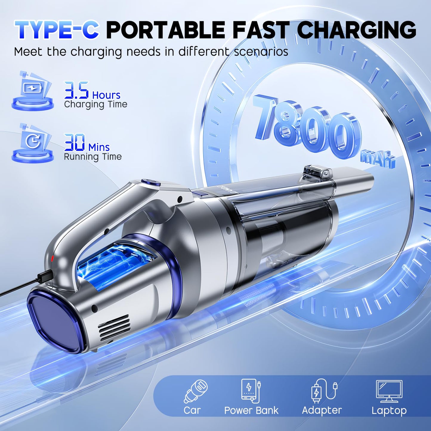 JONYJ Handheld Vacuum Cordless, 16000PA Strong Suction Hand Held Car Vacuum Cleaner, Portable Hand Vacuum Rechargeable with Multi-Nozzles & LED Light for Home, Car, Office, Pets