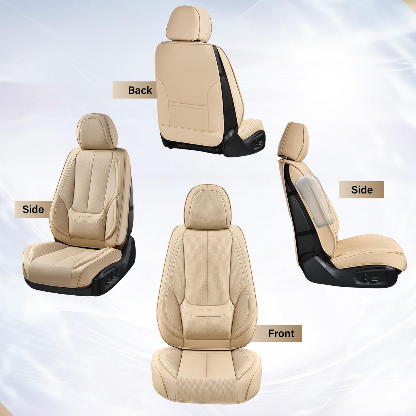 Coverado Front Seat Covers, 2 Pieces Universal Seat Covers for Cars, Waterproof Nappa Leather Sideless Auto Seat Protectors, Car Seat Cushions Universal Fit for Most Sedans SUV Pick-up Truck Beige