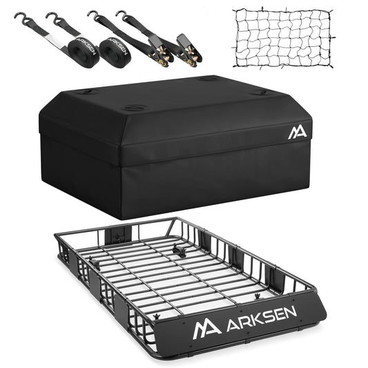 ARKSEN 64 x 34 x 6 Inch Universal Roof Rack with Extension, 600D Waterproof Bag, 2 Ratchet Straps&Net, 150 LBS Capacity Heavy Duty Rooftop Cargo Basket for SUV, Truck, RV, Pickup