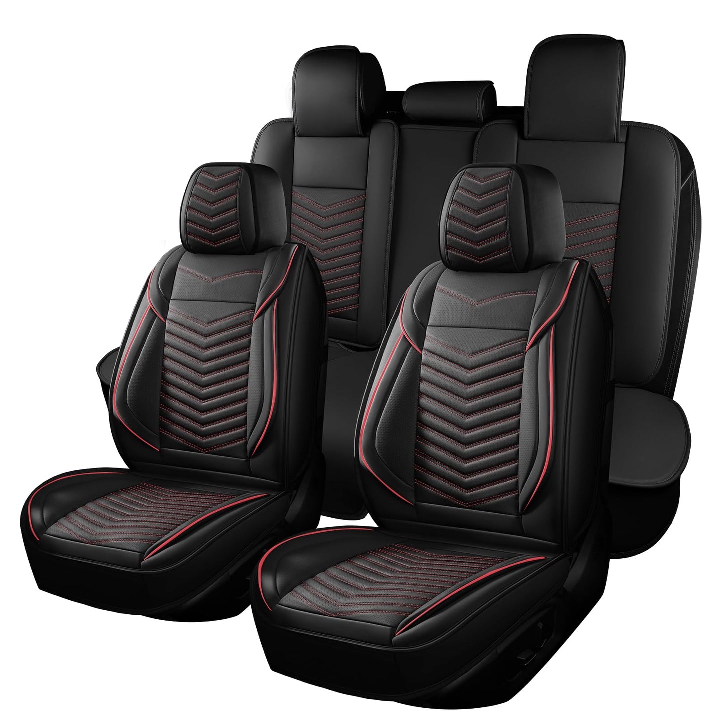 HChengkikz Car Seat Covers,Breathable and Waterproof Faux Leather Automotive Seat Covers,Universal Anti-Slip Driver Seat Cover for Cars SUV Pick-up Truck Sedan(Style1,5 PCS Full Set,Black+Red)