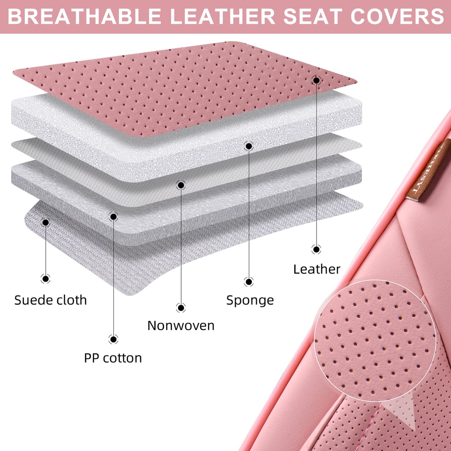 TIEHESYT Pink Car Seat Covers Full Set, Breathable Leather Automotive Front and Rear Seat Covers with Headrest, Waterproof Auto Seat Protectors Fit for Most Sedans SUV Pick-up Truck