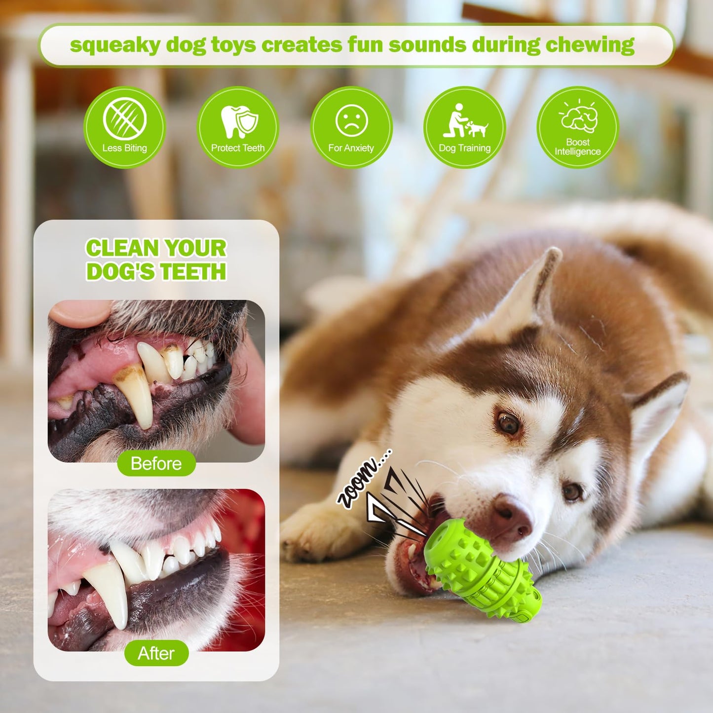 PIFFZEDO Dog Toys for Aggressive Chewers,Interactive Natural Rubber Chew & Squeaky Toy for Large Medium Breed,Dog Toothbrush,Tough & Durable (Green,Large)