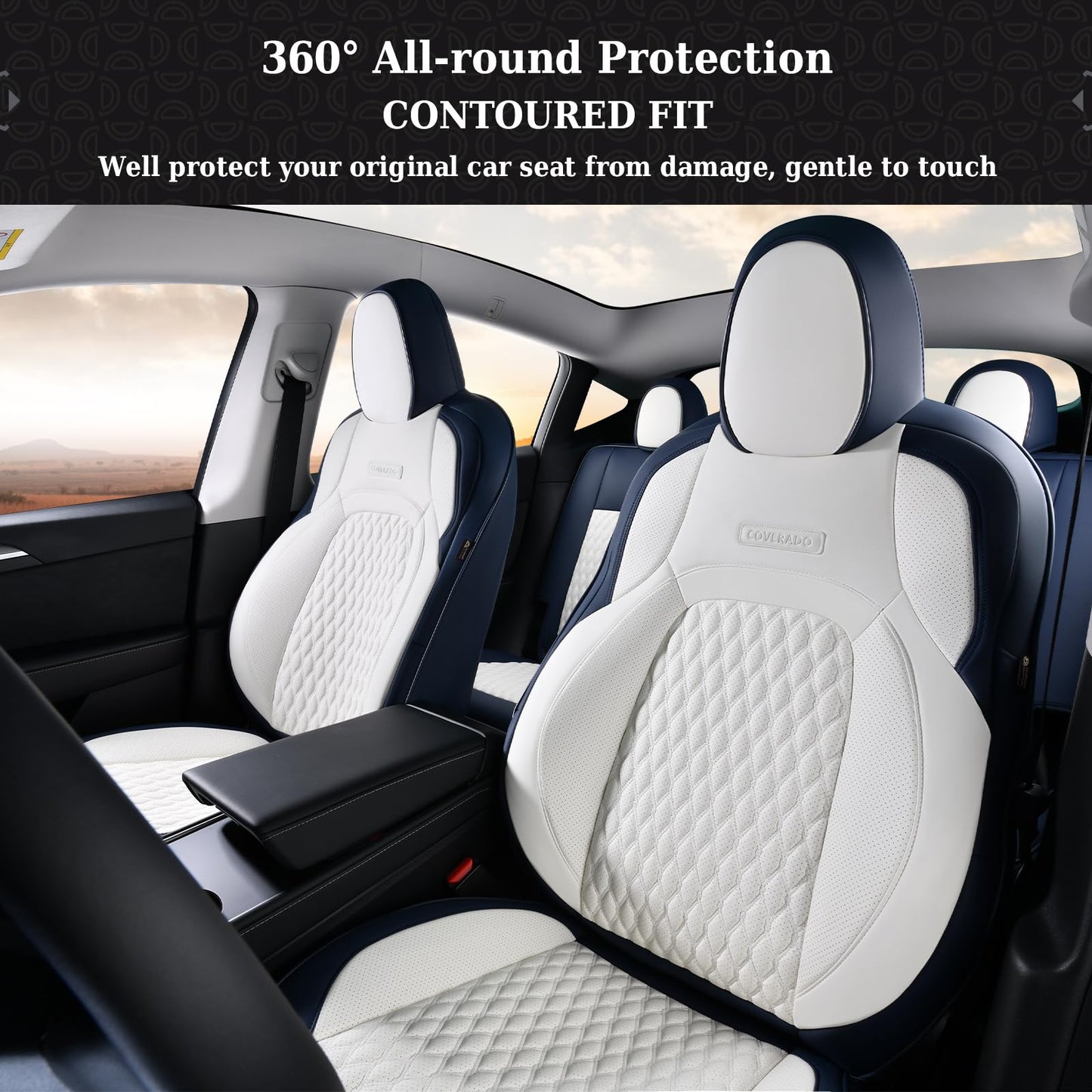 Coverado Car Seat Covers for Tesla Model Y, Car Seat Covers Full Set 5 Seater, Leatherette Car Seat Covers Front Seats and Back Custom for Tesla Model Y 2020 2021 2022 2023 2024 BlueWhite