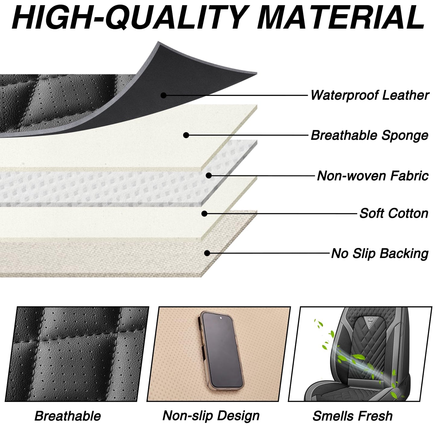 BYXN Leather Seat Covers Full Set,5 Seats Universal Car Seat Protectors,Easy to Install Cover Set,Waterproof Car Seat Covers Car Seat Cushions Fit for Most Cars SUVs and Trucks(5 Seats,Gray-Black)