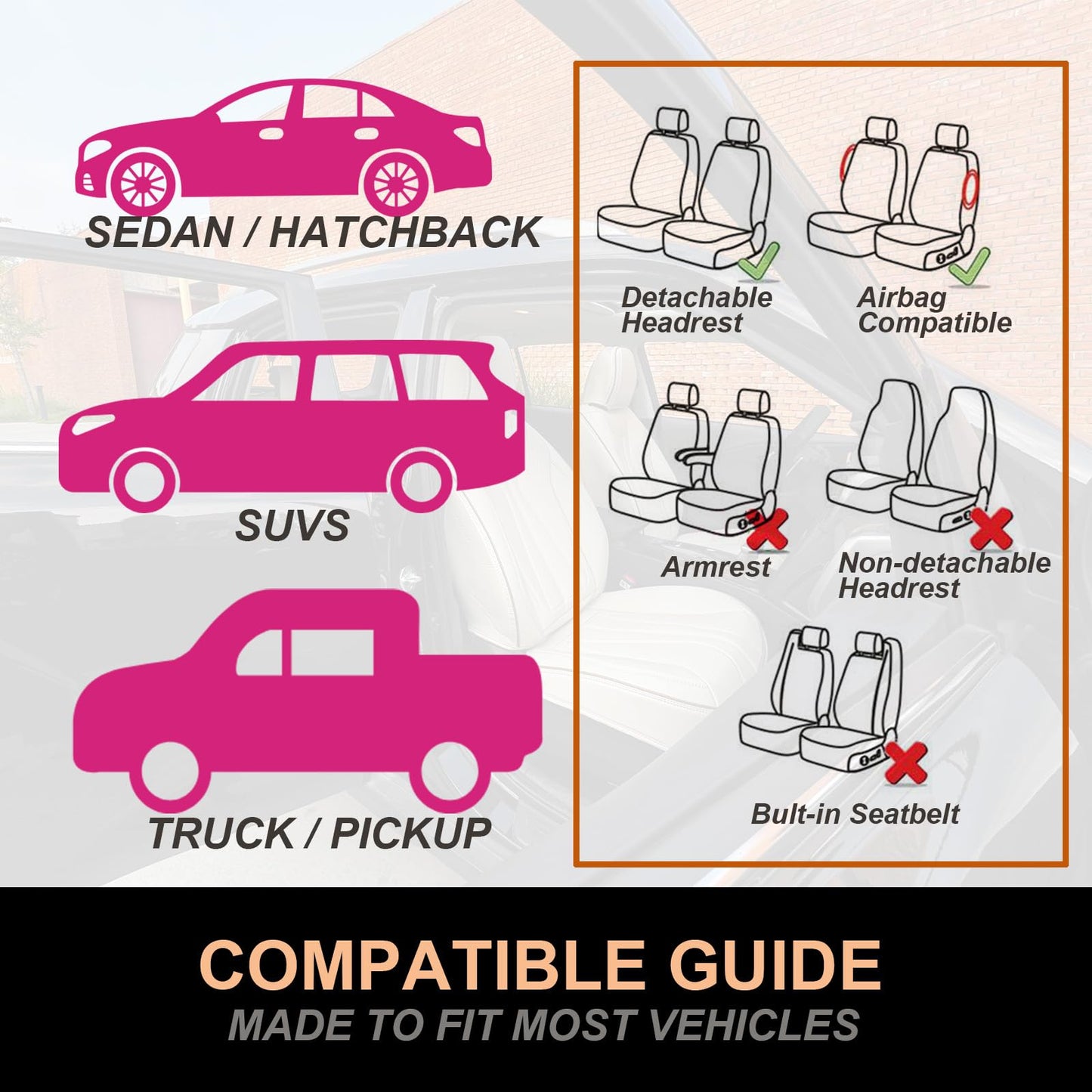 PINCTROT Car Seat Covers Front Set, Breathable Soft Pebbled Leather, Luxury Waterproof Seat Cushion, Airbag Compatible, Seat Protector Universal Fit Most Cars (Front Set, Beige Brown Piping)