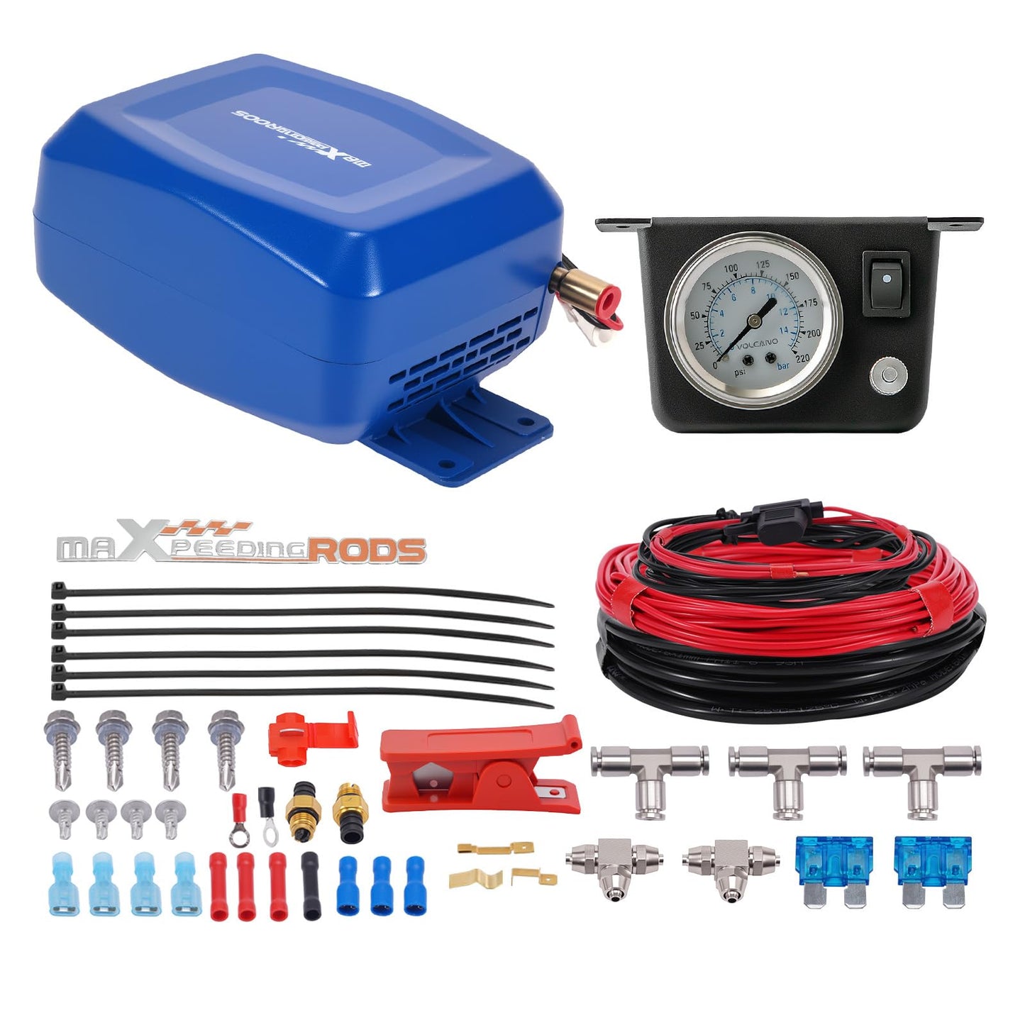 maXpeedingrods On Board Air Compressor System Universal Air Bag Compressor Kit with Gauge Air Line Fittings for Trucks Vans Blue