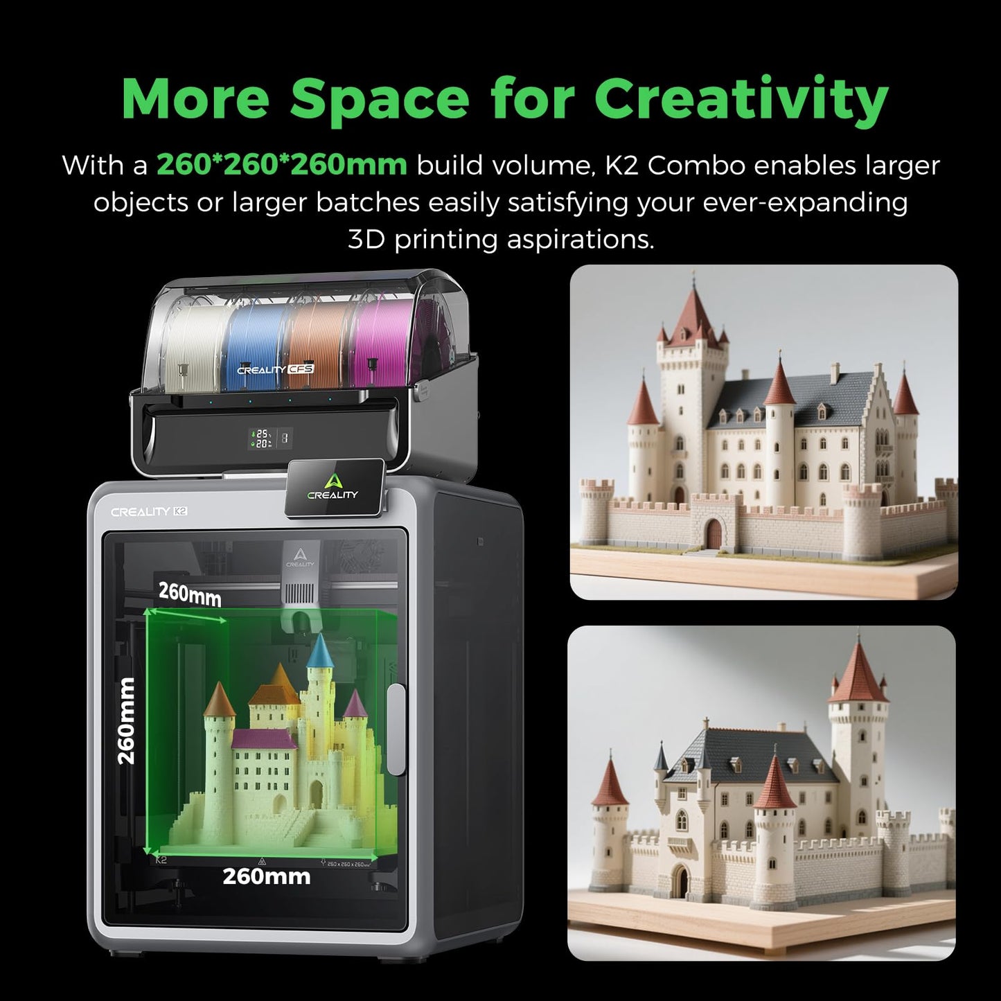 Creality K2 Combo 3D Printers, Multicolor 3D Printer Machine with CFS, Dual Camera, 600mm/s Printing Speed, Next-Gen Direct Drive Extruder, 260 * 260 * 260mm Printing Volume