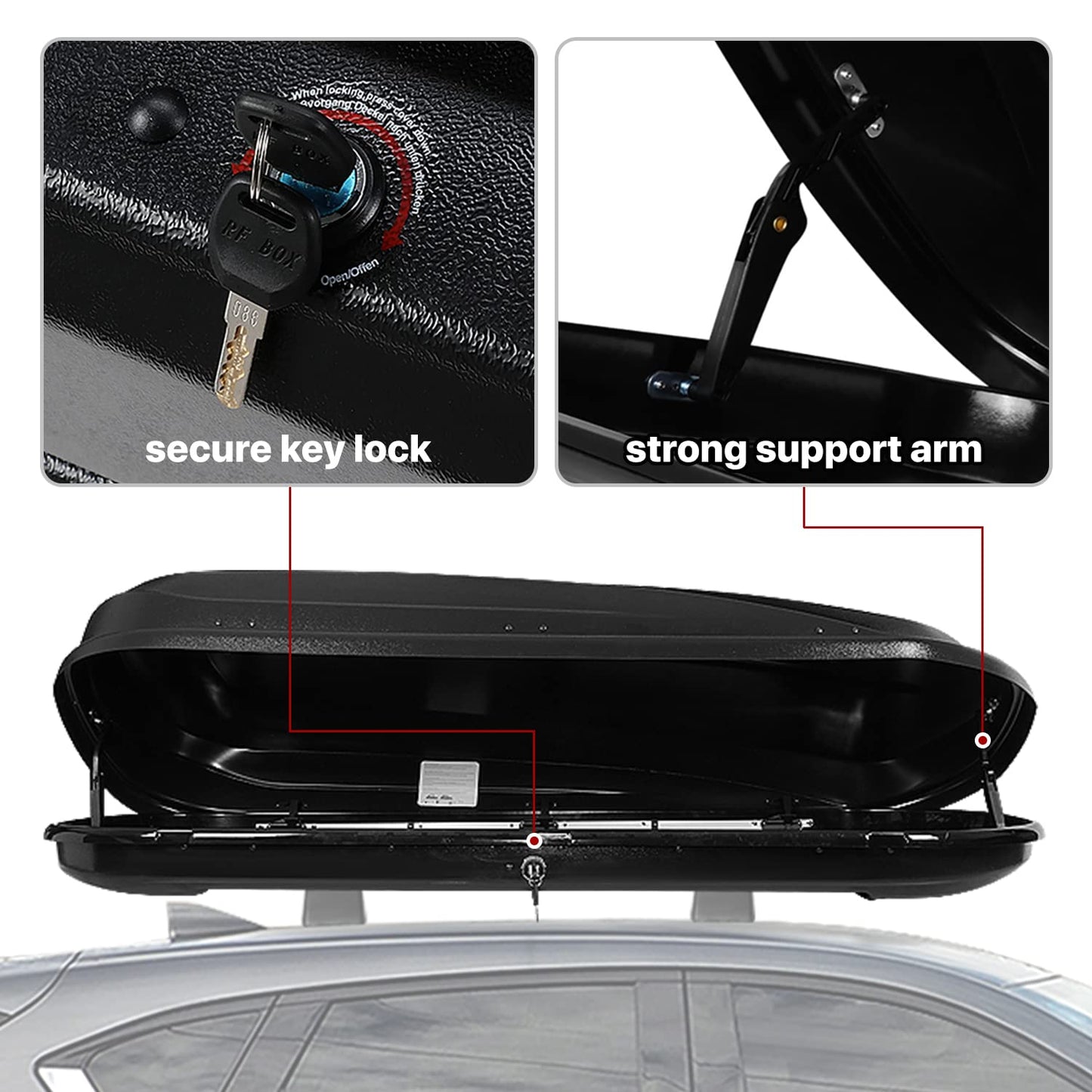DNA MOTORING Extra Long XXL Rooftop Cargo Carrier Box Lockable Heavy Duty Car Top Storage Case w/Lock+Keys, 110Lb Capacity, 17 Cubic Ft.(Textured Black),PT-ZTL-8295-BK