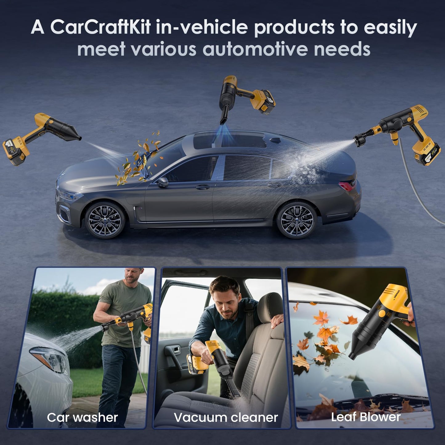 Car Vacuum Portable Cordless - CarCraftKit 3-in-1 Kit, Pressure Washer, Air Duster, with 2x25000mAh Battery, 20000PA Car Vacuum Cleaner, 10000 RPM Air Duster, 280 PSI High Power Pressure Washer Easy