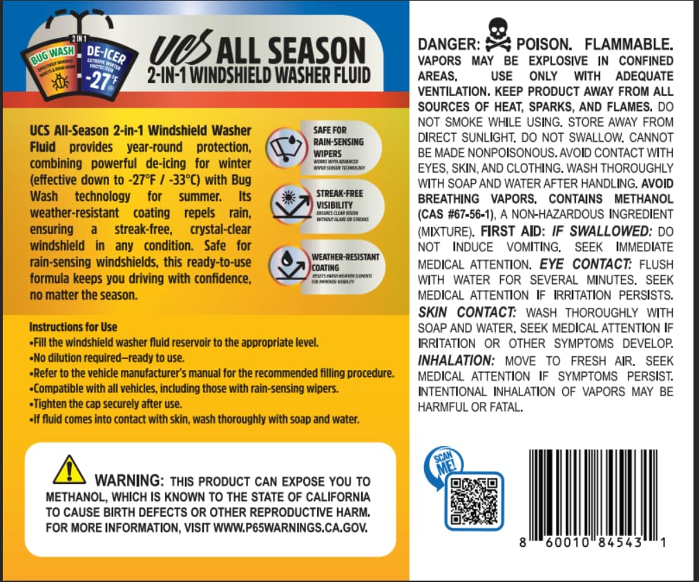 UCS Advanced All-Season Windshield Washer Fluid | Winter Protection to -27°F | 2-in-1 Bug Wash & Water Beading Technology | Streak-Free Visibility | Safe for Rain-Sensing Windshields | 1 Gallon