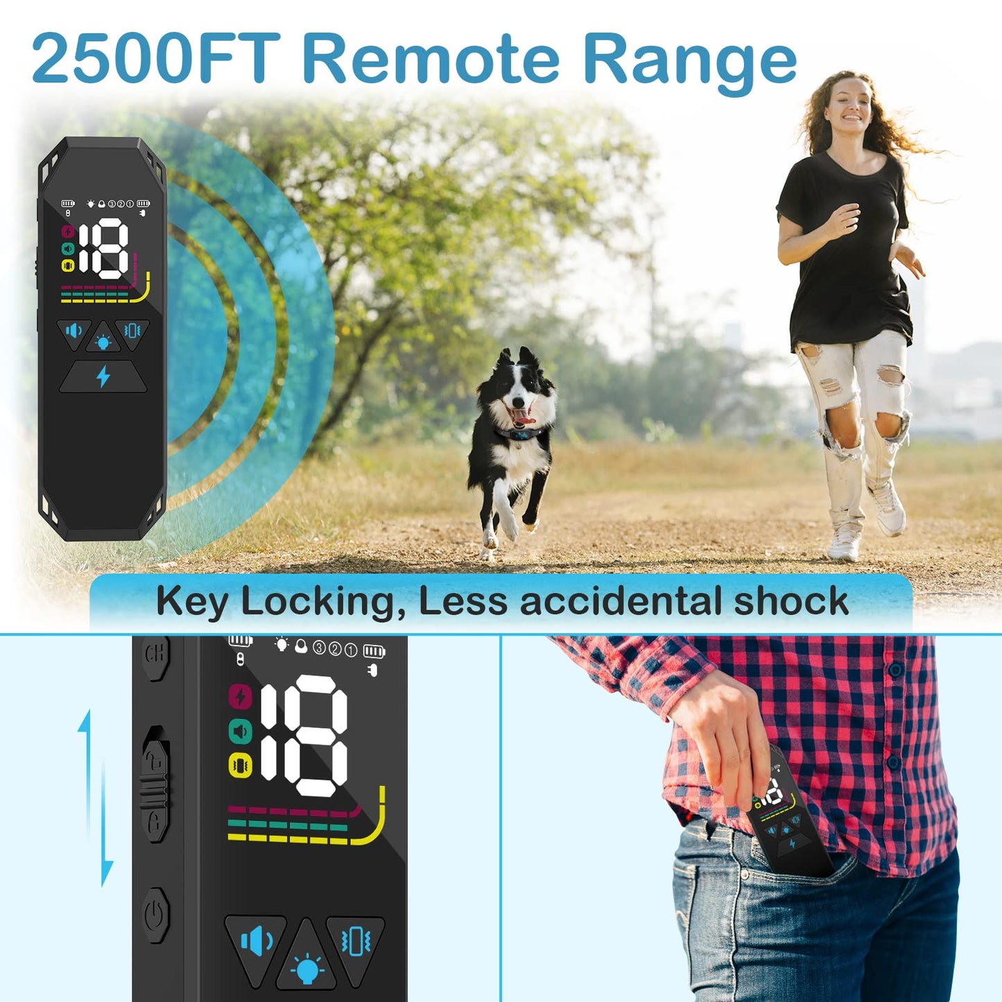 Dog Training Collar, Dog Shock Collar with Remote Control, 2500FT and 4 Training Modes Beep, Vibration, Electric Shock, IP67 Waterproof Rechargeable E-Collar for All Breed