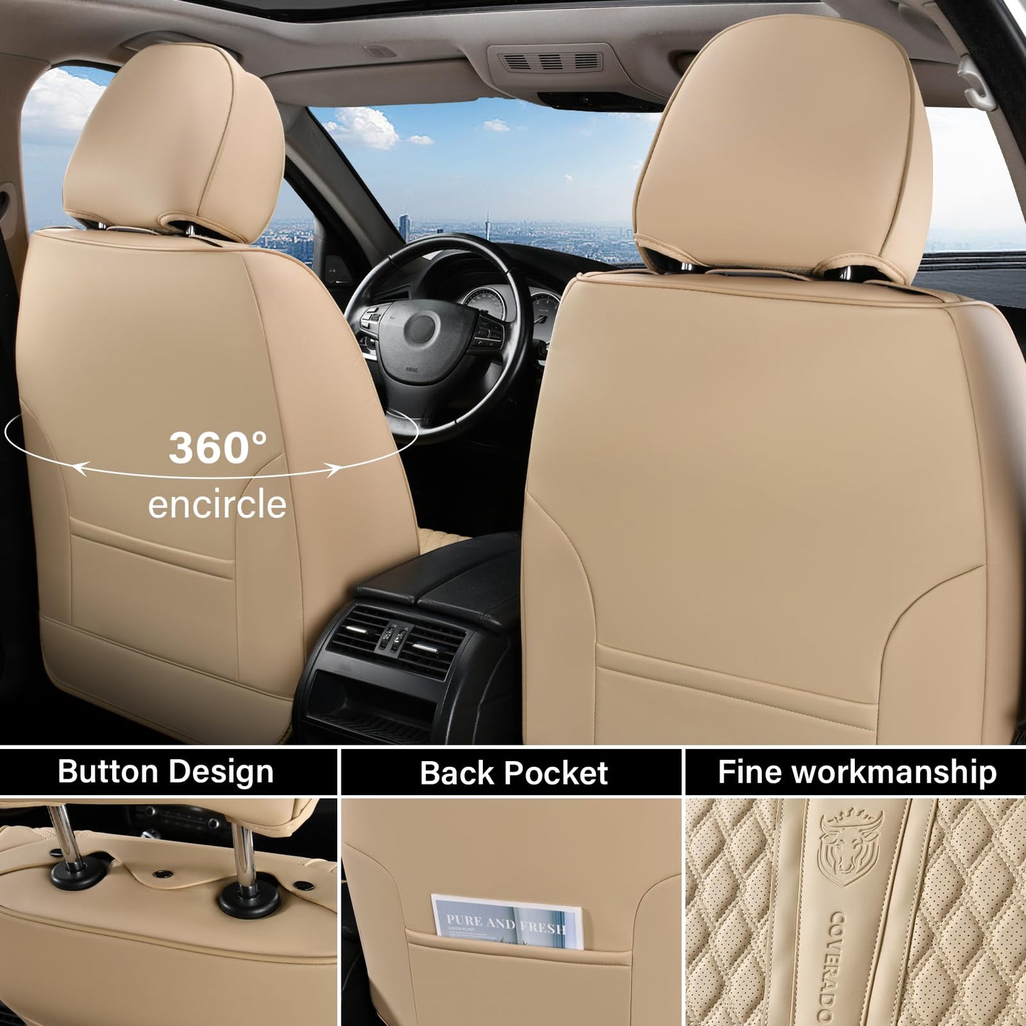 Coverado Car Seat Covers Full Set, Nappa Leather Seat Covers for Car, Waterproof Car Seat Protector with Lumbar Support, Automotive Seat Covers Universal Fit for Most Cars SUV Trucks (Beige)