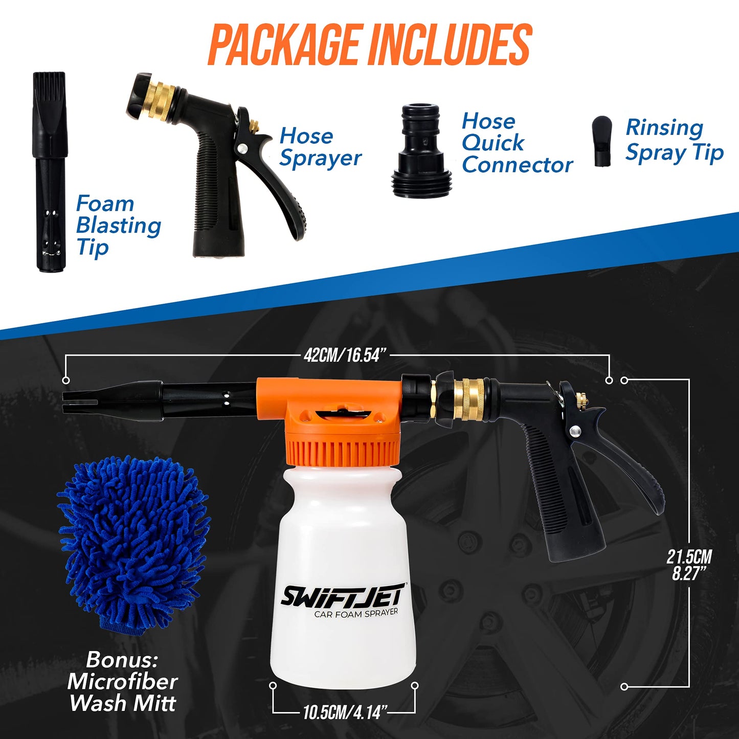 SwiftJet Car Wash Foam Gun + Microfiber Wash Mitt - Car Foam Sprayer - Car Wash Kit - Foam Cannon Garden Hose Sprayer - - Car Accessories for Men - Snow Foam Blaster (Orange Foam Gun with Mitt)