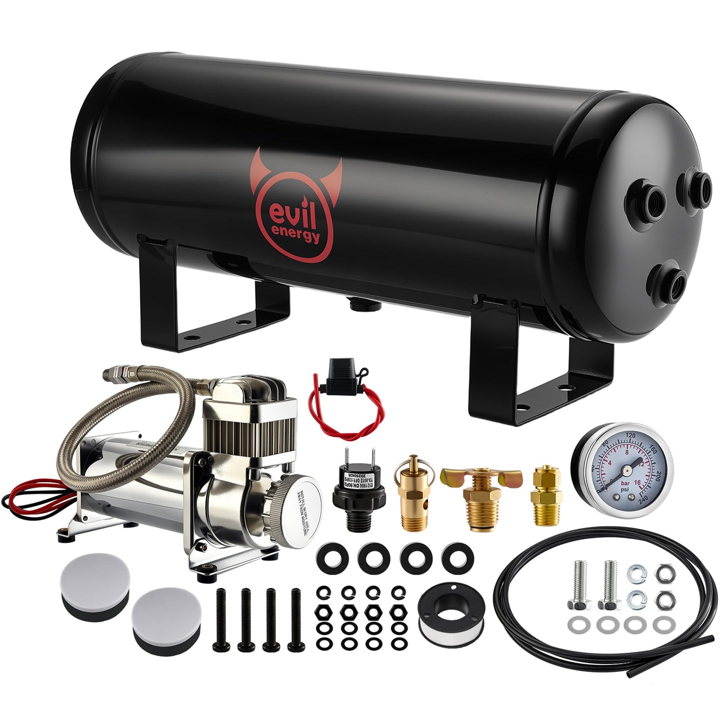 EVIL ENERGY 1.5 Gallon Air Compressor and Tank Kit 6 Ports 1/4" NPT 150 PSI Rated 12V Air Tank Compressor for Truck, Air Horn, Inflating Tires, Suspension Systems, Train Horn, DIY Pneumatic Tools