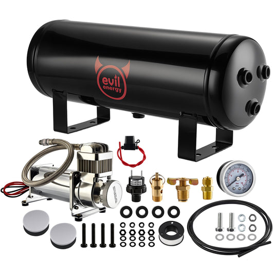 EVIL ENERGY 1.5 Gallon Air Compressor and Tank Kit 6 Ports 1/4" NPT 150 PSI Rated 12V Air Tank Compressor for Truck, Air Horn, Inflating Tires, Suspension Systems, Train Horn, DIY Pneumatic Tools