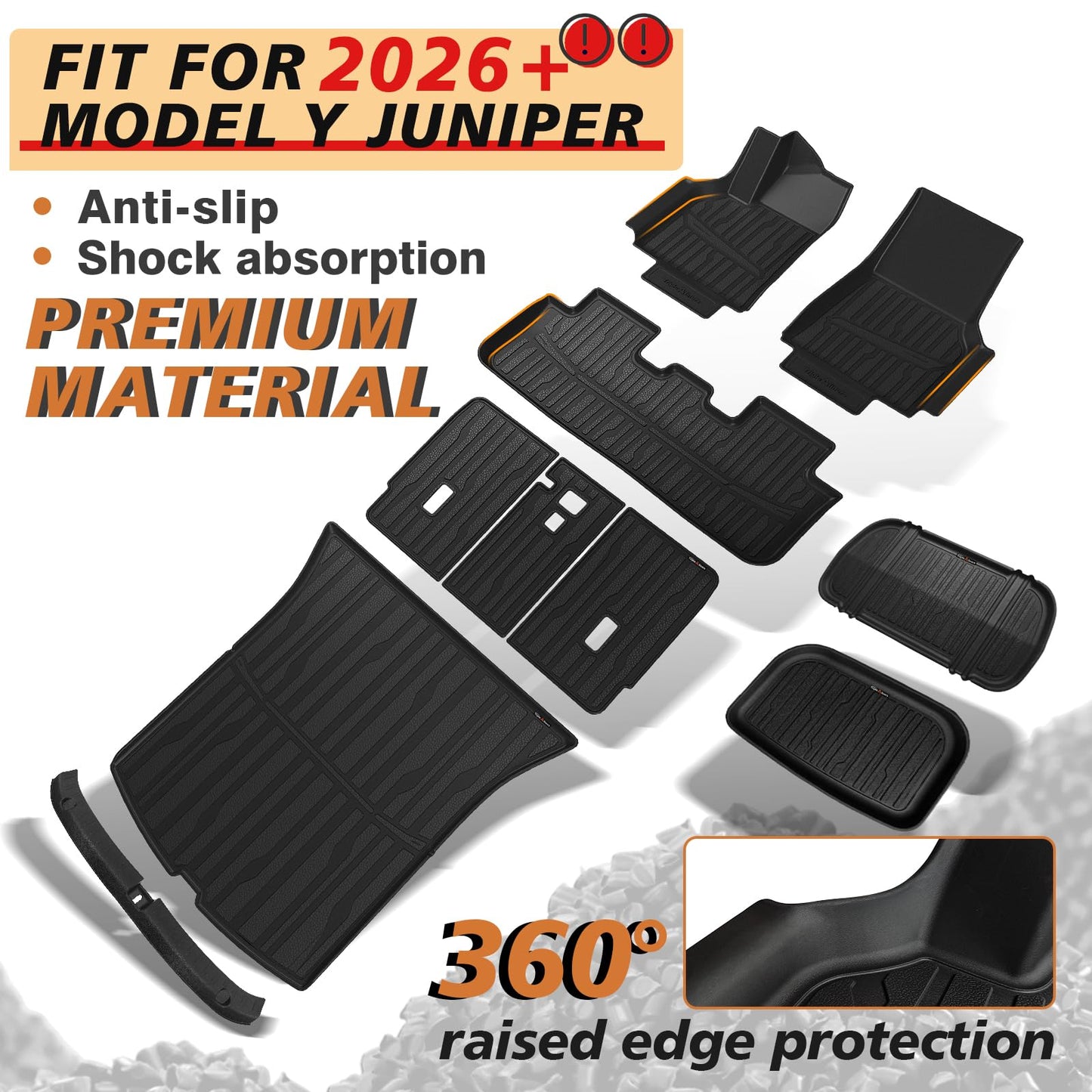 TripleAliners 10PCS Floor Mats Fit for 2026+ Tesla Model Y Juniper Set Full Protection All Weather TPE Anti-Slip Custom Fit Floor& Frunk& Trunk& Rear Lower& Backrest Mat& Bumper Guard
