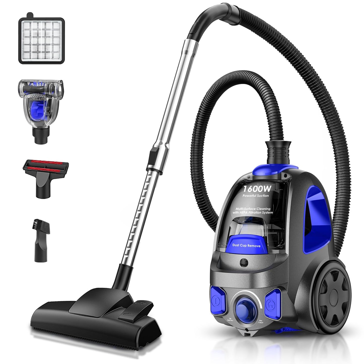 Canister Vacuum Cleaner, 32Kpa 1600W Cyclon Power Bagless Canister Vacuum Cleaners for Home, 3.7QT Large Dust Cup, Lightweight Vac for Hard Floors, Carpets, Pet Hair, Blue