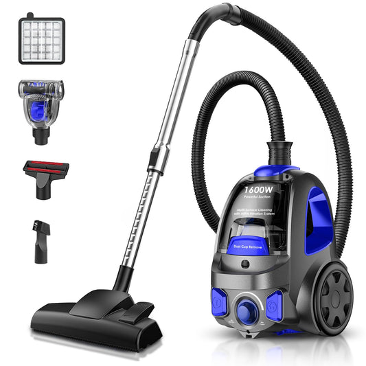 Canister Vacuum Cleaner, 32Kpa 1600W Cyclon Power Bagless Canister Vacuum Cleaners for Home, 3.7QT Large Dust Cup, Lightweight Vac for Hard Floors, Carpets, Pet Hair, Blue