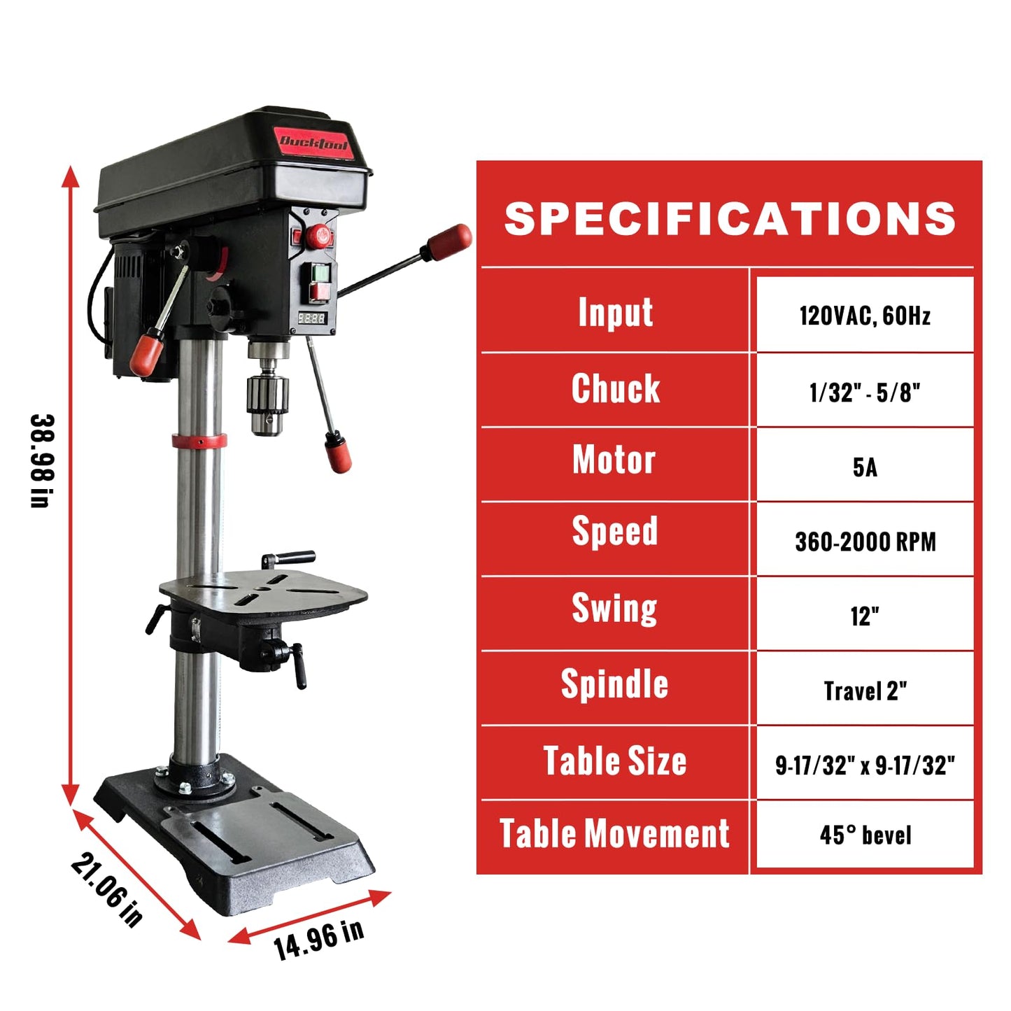 BUCKTOOL 12'' 6 Pole Motor Variable Speed Benchtop Drill Press 360–2000RPM, 3/4HP Powerful Bench Drill Press with Laser and Worklight, Low Speed Tabletop Drilling Machine for Metalworking, Woodworking