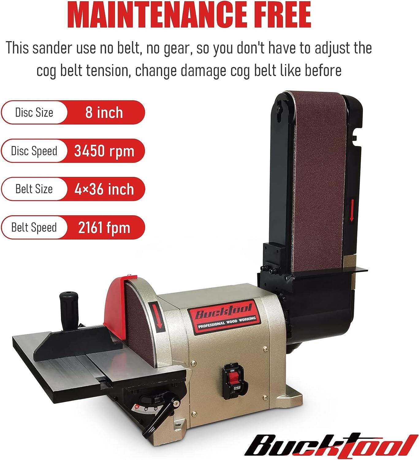 BUCKTOOL Bench Belt Sander with Rotating Base and Dust Collection Fitting, Belt Sander for Woodworking 4 in. x 36 in. Belt & 8 in. Disc with 3/4HP Direct-drive Motor with Rotating Base, BD4801