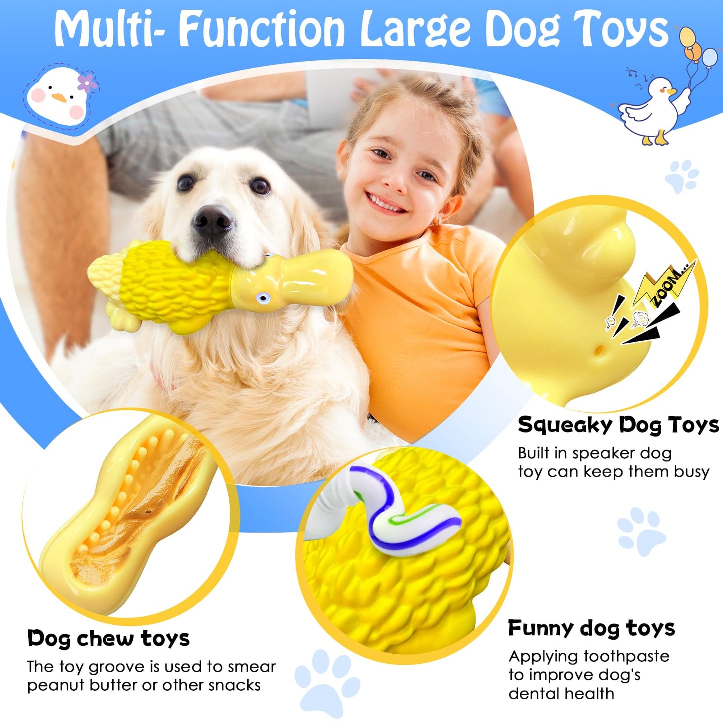 Dog Toys for Aggressive Chewers: Tough Dog Chew Toys-Large Squeaky Dog Toys for All Breed Sizes to Keep Them Busy (Yellow)