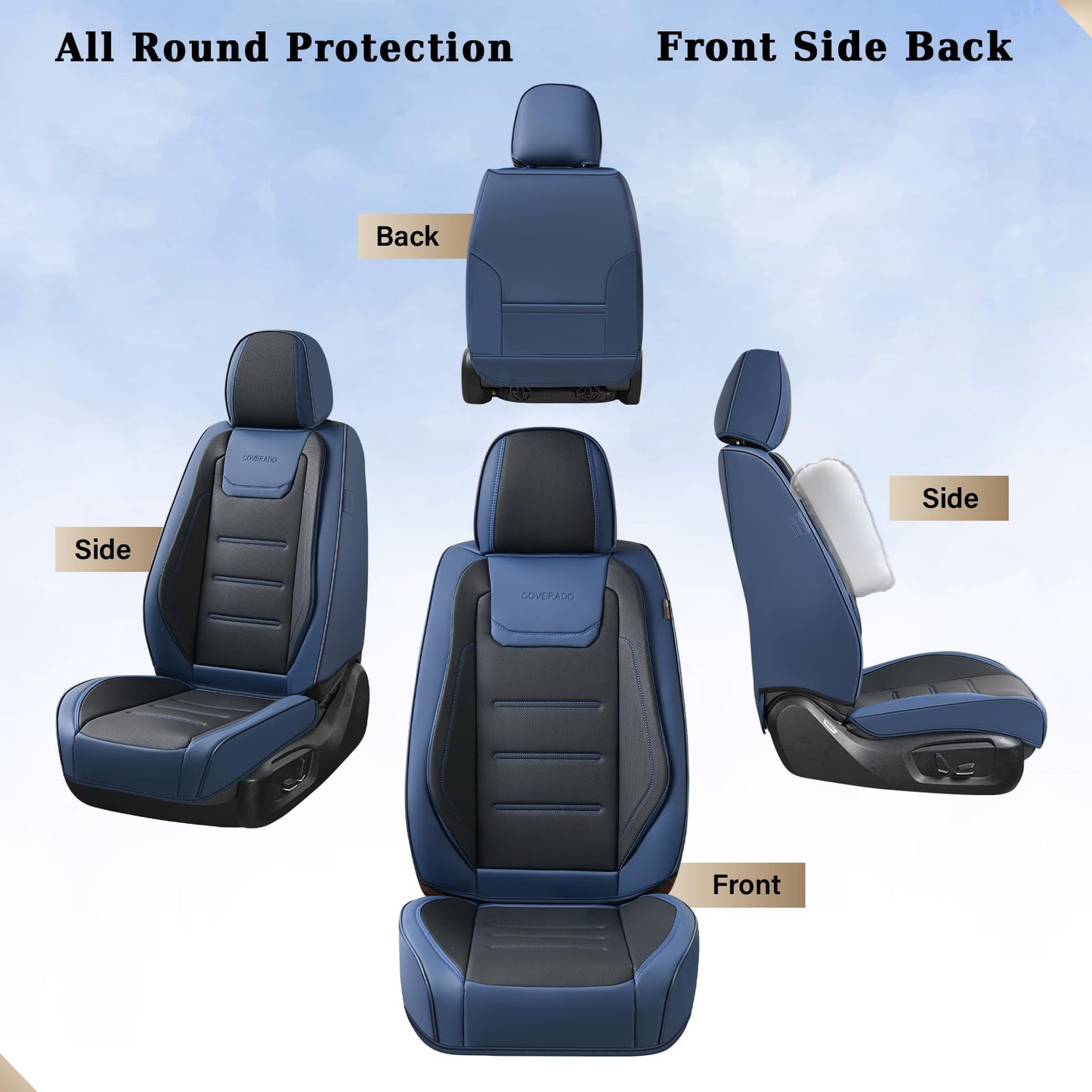 Coverado Car Seat Covers Full Set, Seat Covers for Cars, Waterproof, Leather Car Seat Cushion, Universal Car Interior Covers Seat Protectors for Most Cars Blue