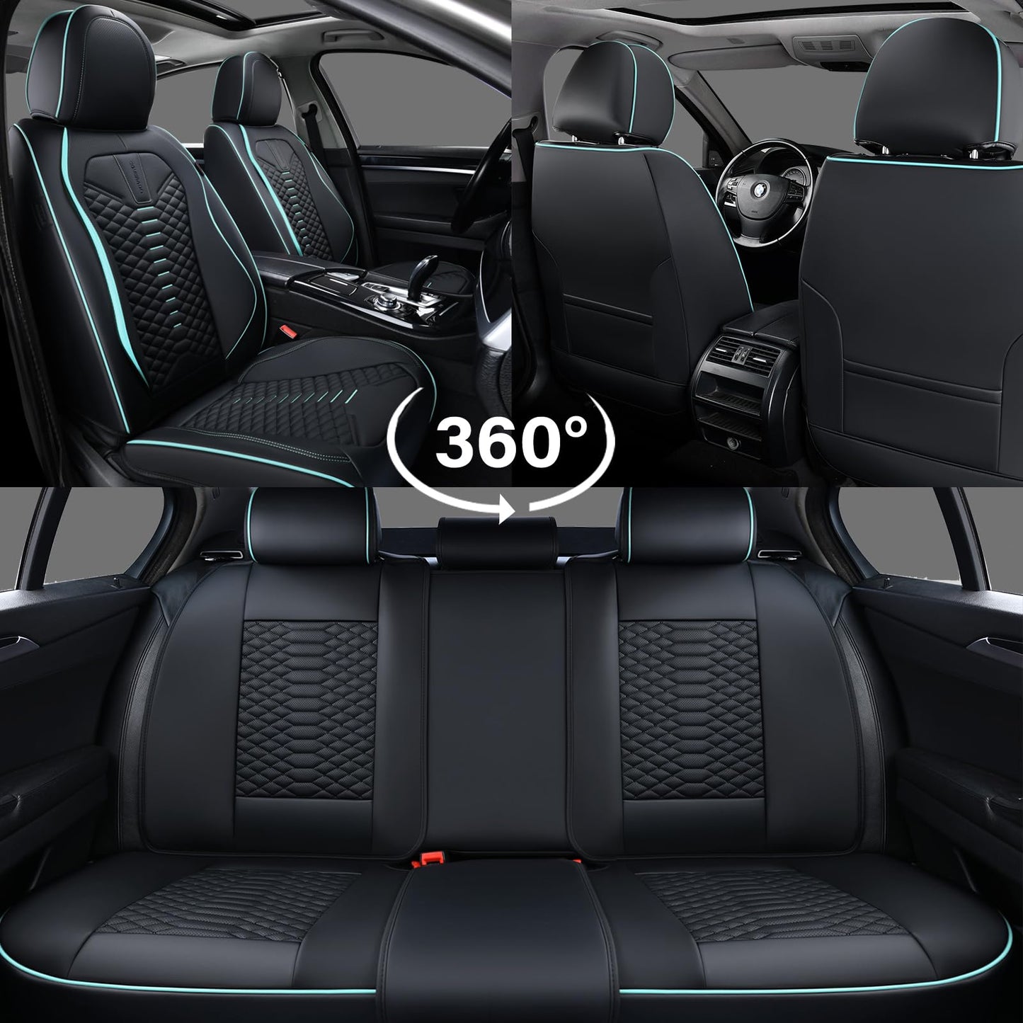 Coverado Leather Seat Covers, Car Seat Covers Full Set, Nappa Leather Seat Covers for Cars, Car Seat Protector Waterproof, Black Car Seat Cover, Universal Seat Cover Fit for Most Cars(Black&Blue)