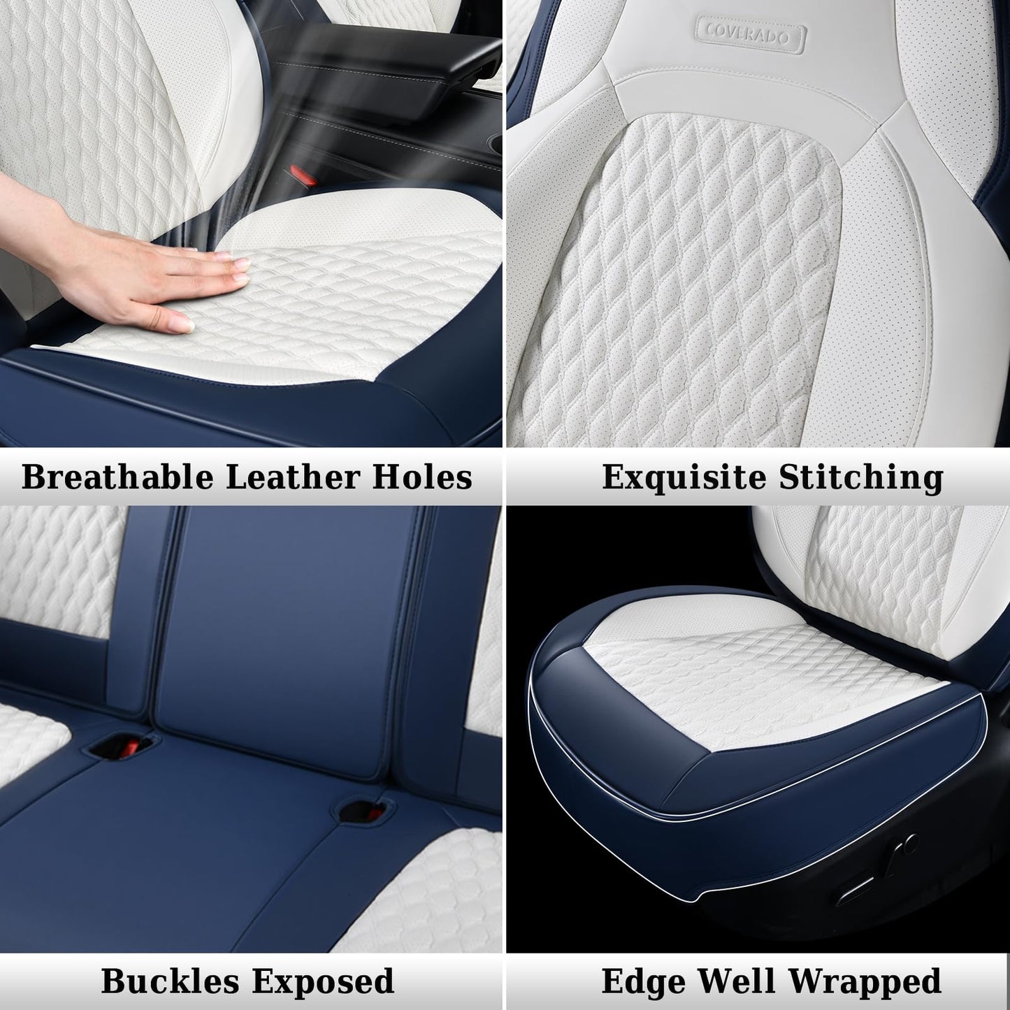 Coverado Car Seat Covers for Tesla Model Y, Car Seat Covers Full Set 5 Seater, Leatherette Car Seat Covers Front Seats and Back Custom for Tesla Model Y 2020 2021 2022 2023 2024 BlueWhite